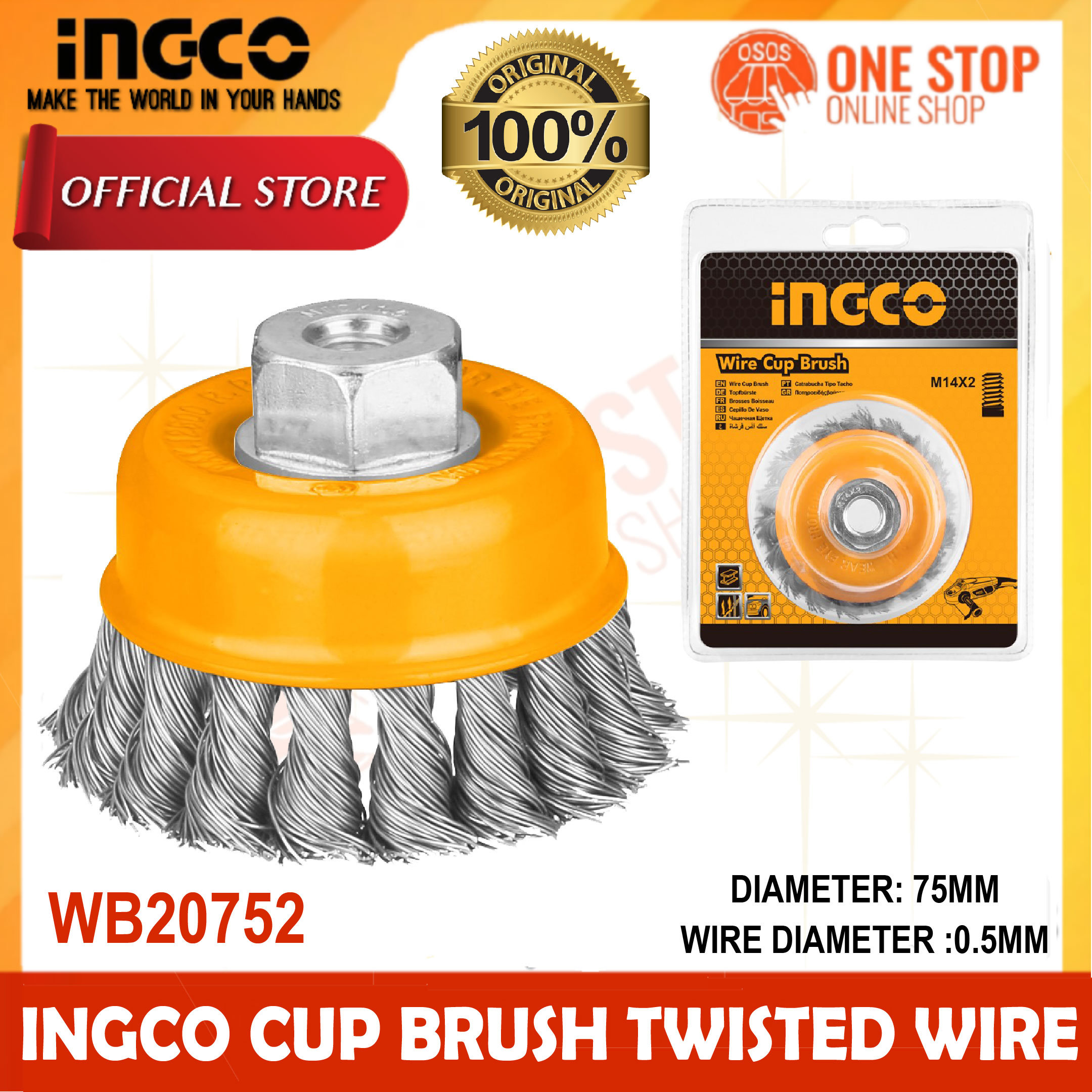 INGCO Original Cup Brush Twisted Wire With Nut 75mm M10 X 1 5 WB20752