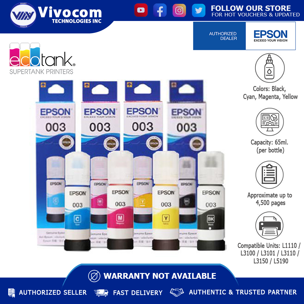 Epson 003 Original Ink Bottle Set Of 4 Colors Black Cyan Yellow