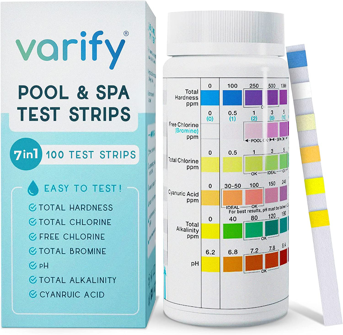 VARIFY Premium Pool And Spa Test Strips 100 Ct 7 Way Accurate