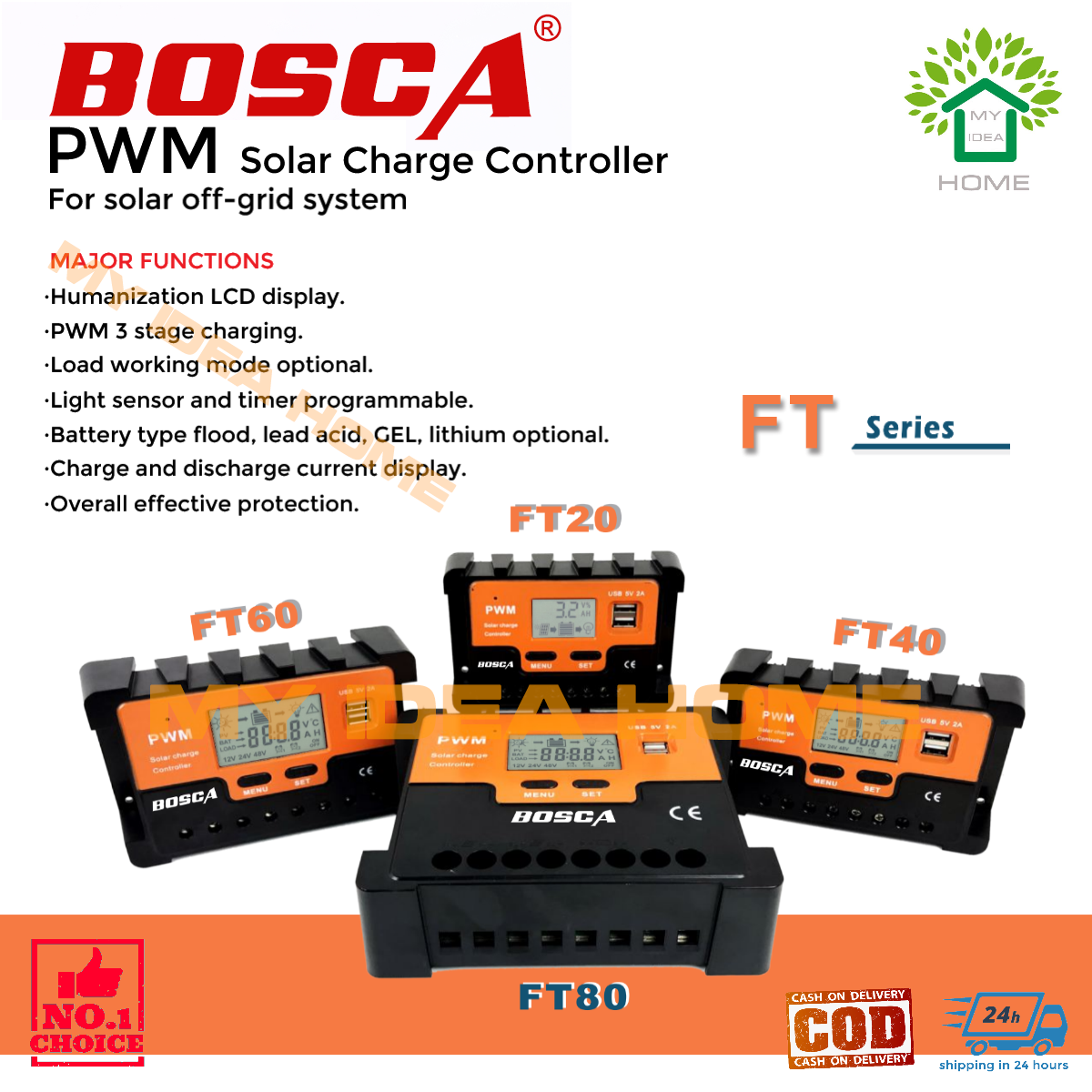 BOSCA PWM Solar Charge Controller 12V 24V 48V AUTO For Solar Off Grid