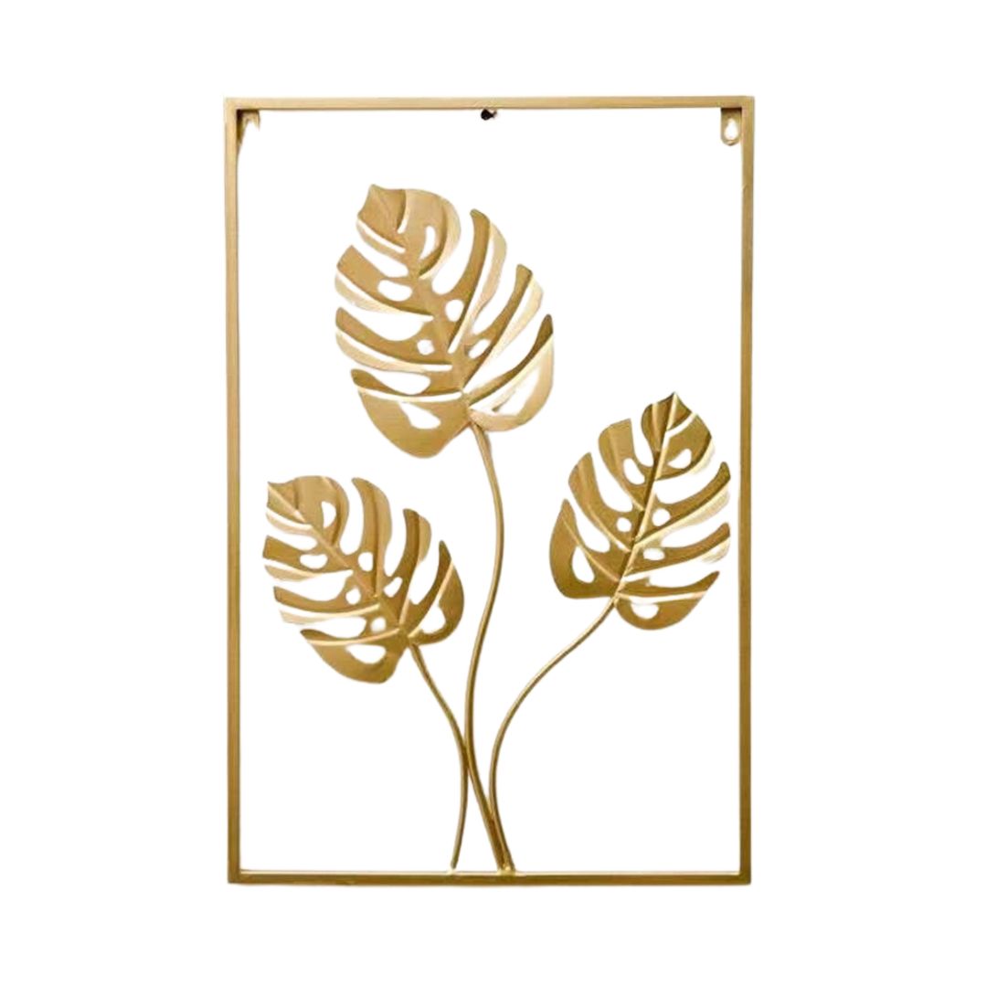 Lifestyled Elegant Metal Golden Wall Decor With Square Frame Leaf Art