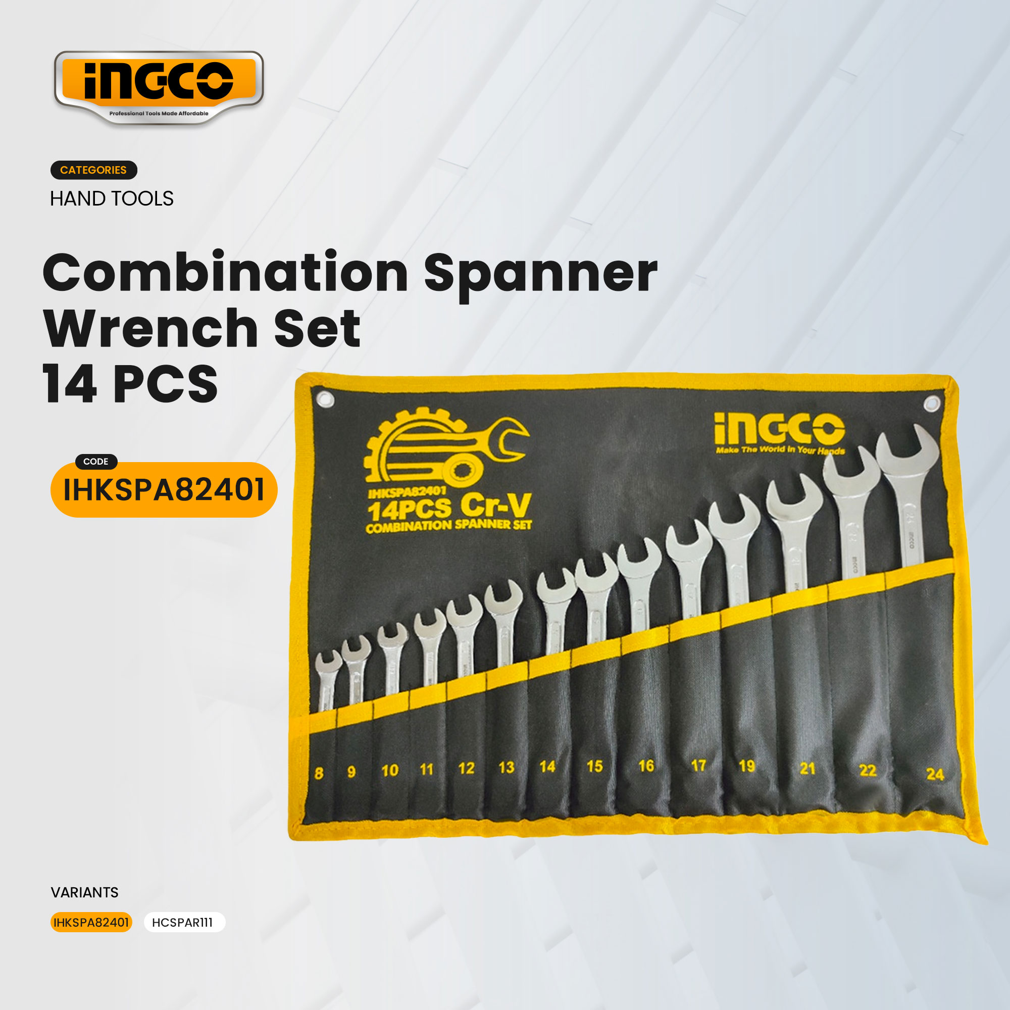 Ingco 14pcs Combination Spanner Wrench Set 8 24mm 11mm Combination