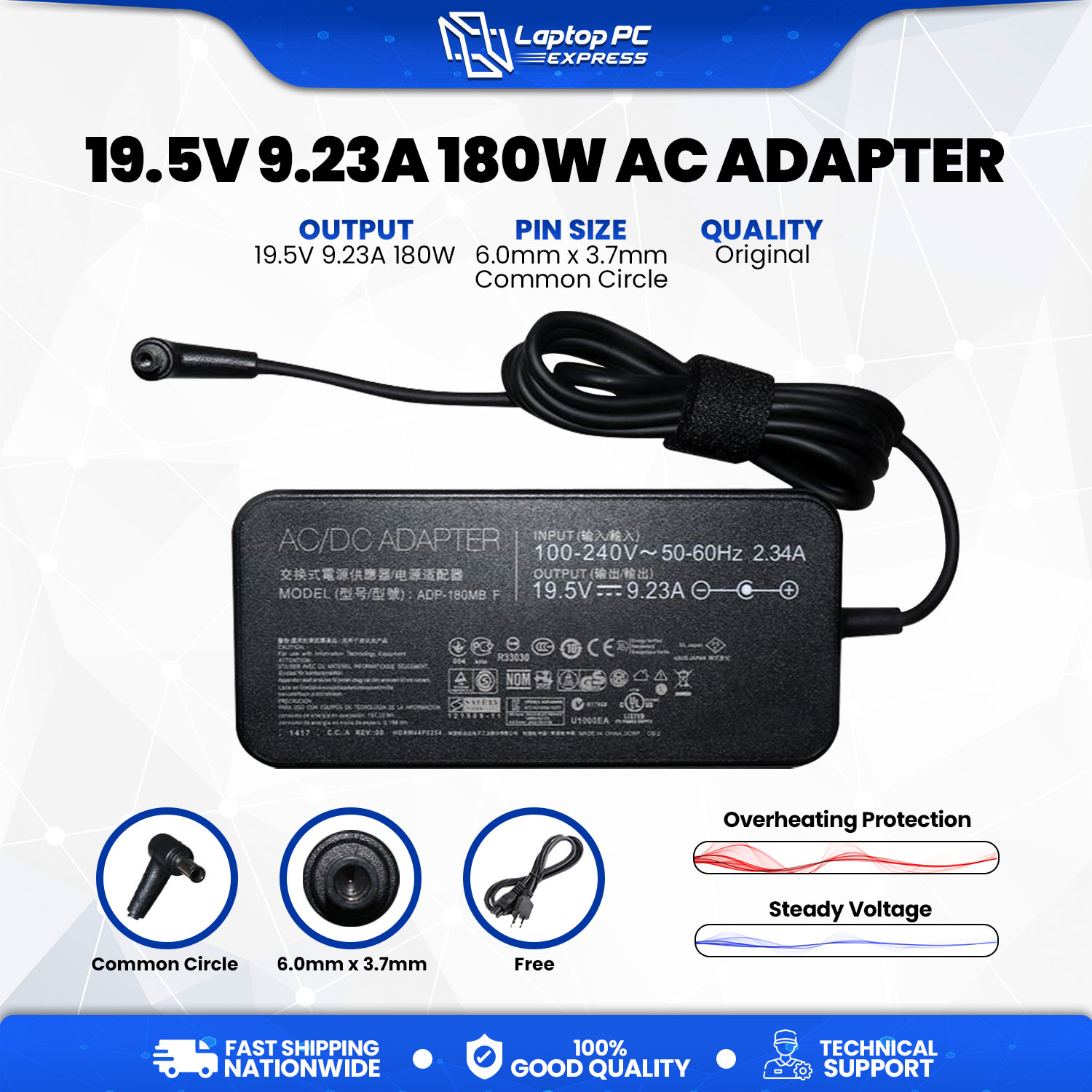 LPCE Asus Laptop Charger 19 5V 9 23A Common Circle 6 0mm X 3 7mm 180W