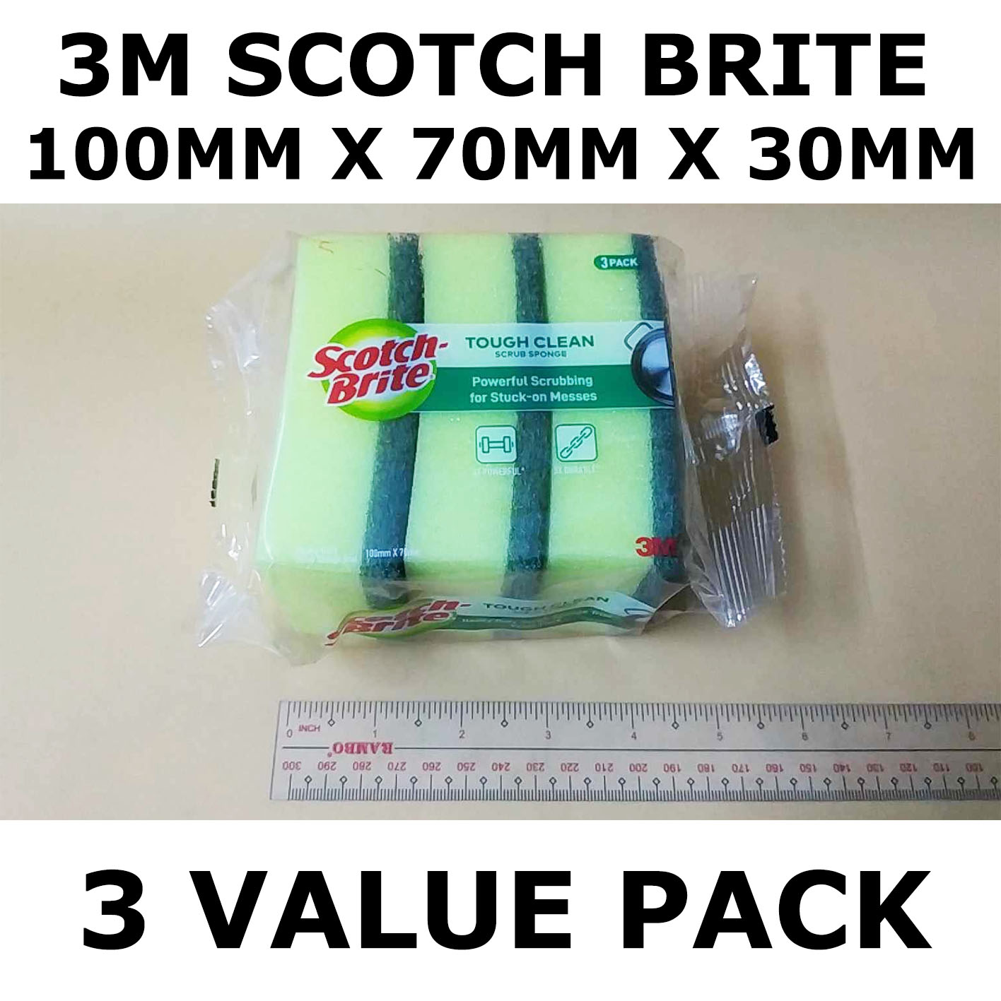 ORIGINAL 3M SCOTCH BRITE 3 VALUE PACK SCRUB SPONGE 100MM X 70MM X