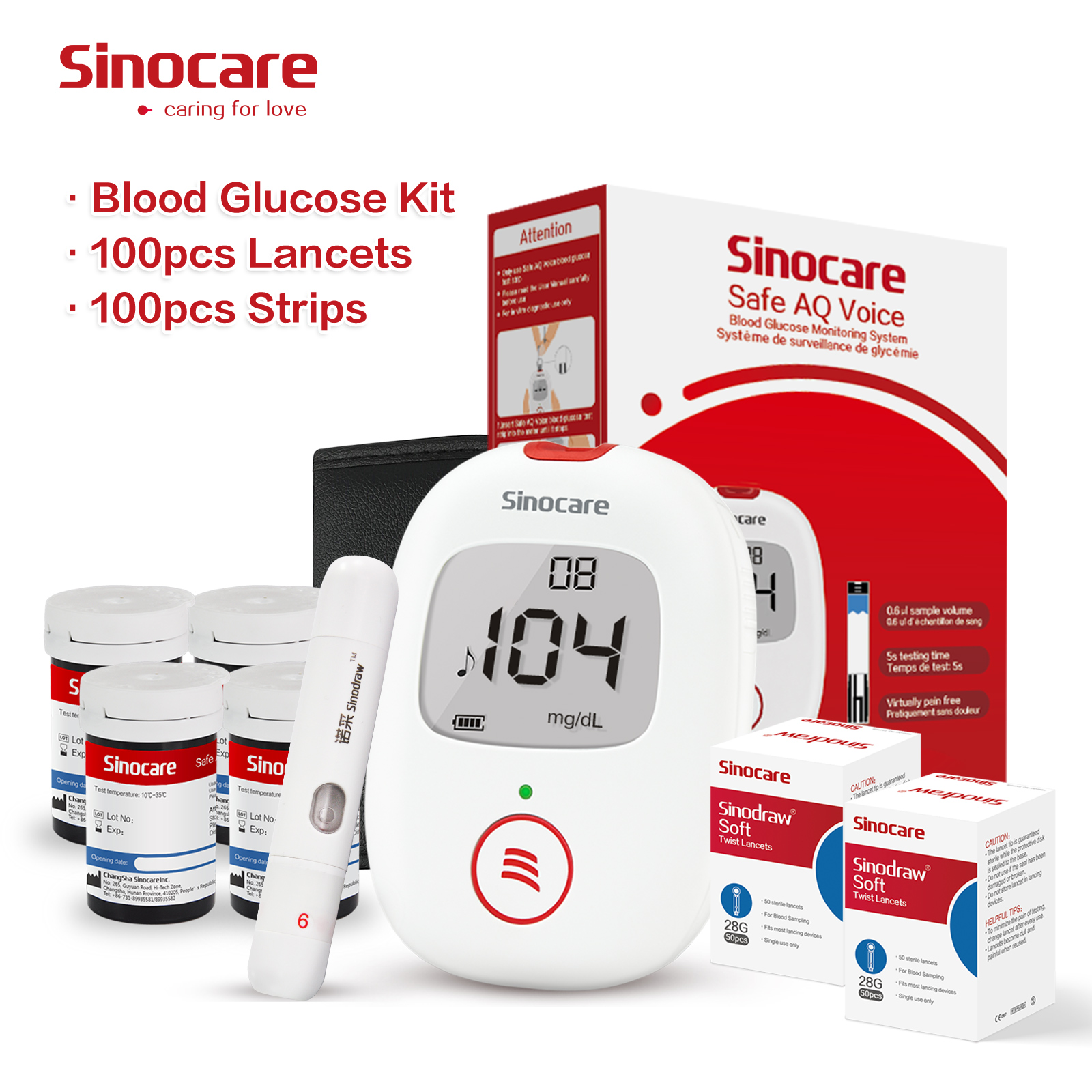 Sinocare Safe AQ Voice Blood Glucose Meter With 100pcs Test Strips And