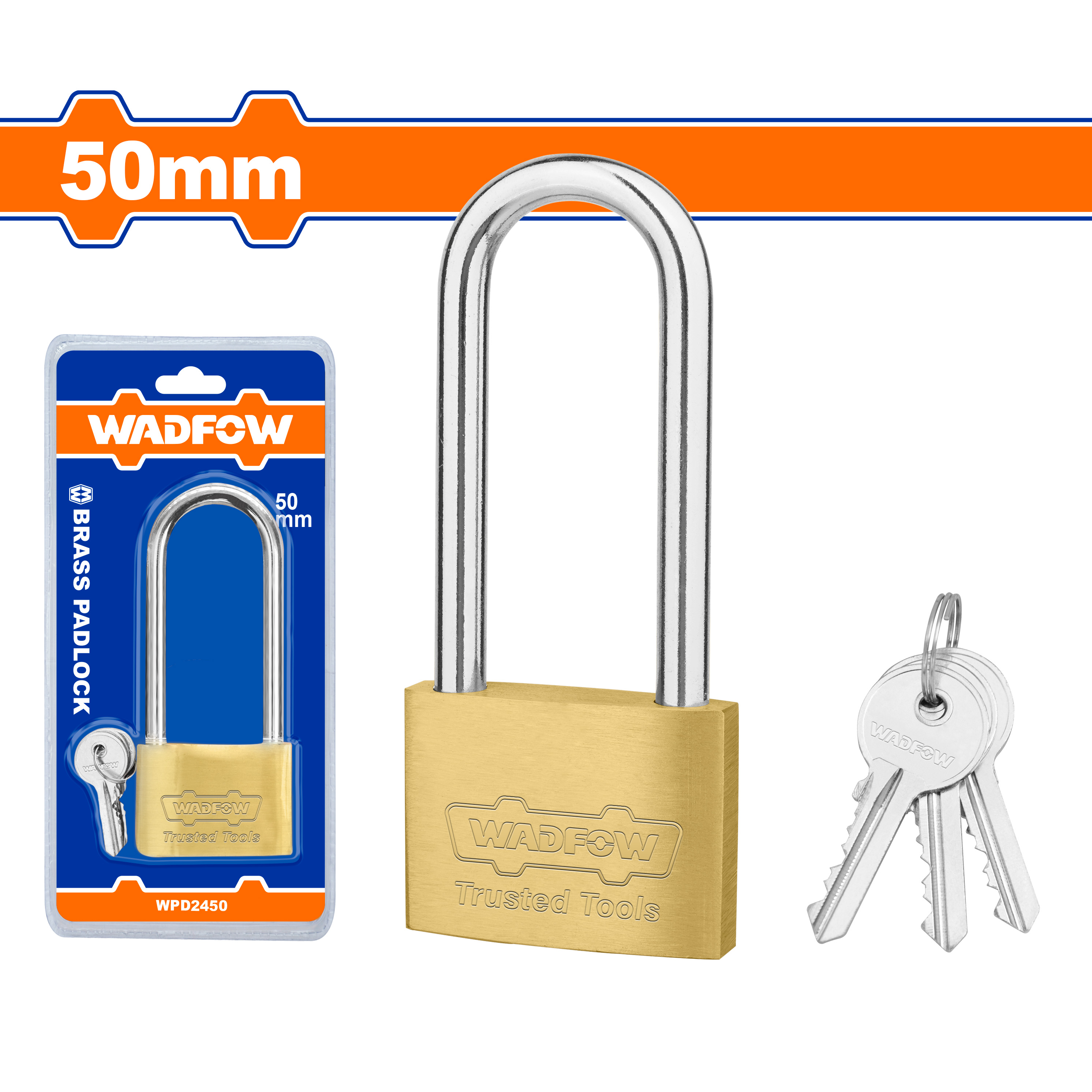 WADFOW Heavy Duty Long Shackle Brass Padlock 199g Pad Lock 40mm 50mm