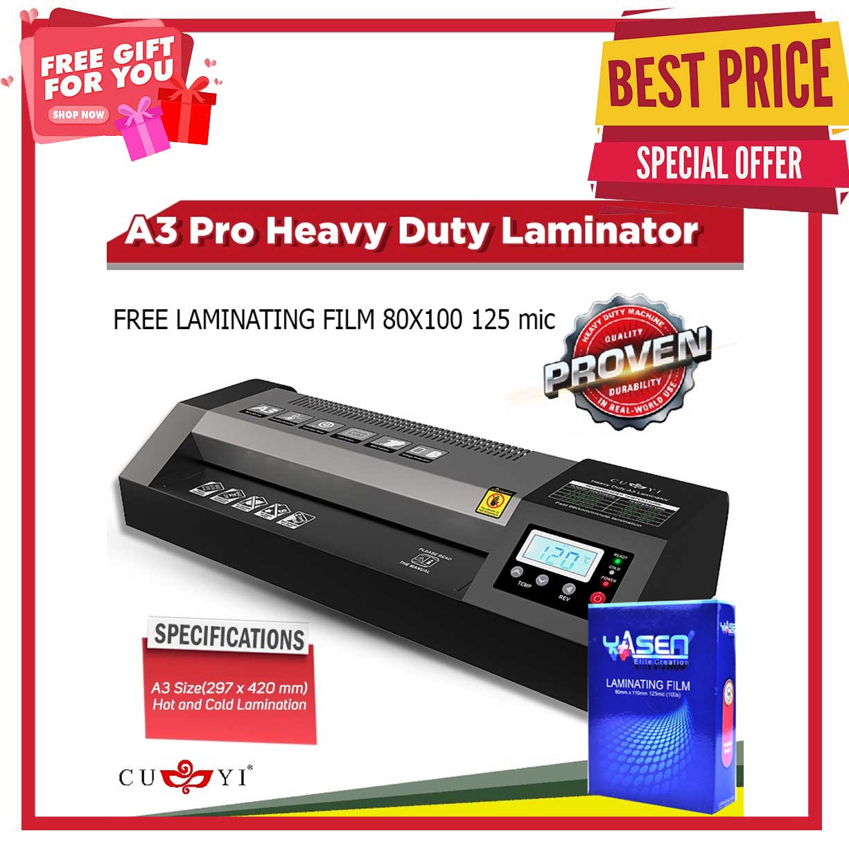 CUYI A4 A3 Size Laminator HOT COLD REVERSE Function 220V Heavy