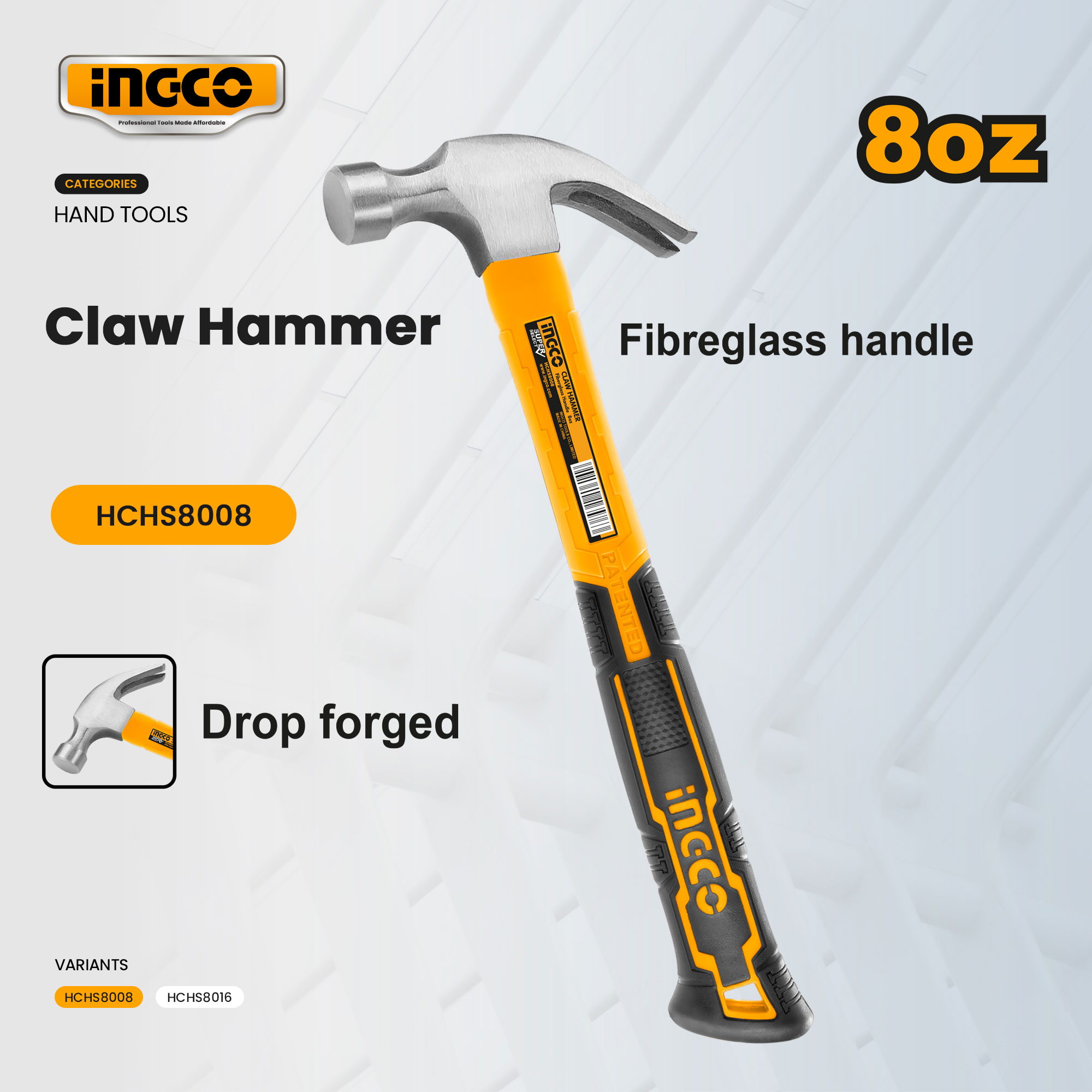 INGCO Claw Hammer Fiberglass Handle 8oz HCHS8008 16oz HCHS8016 SUPER