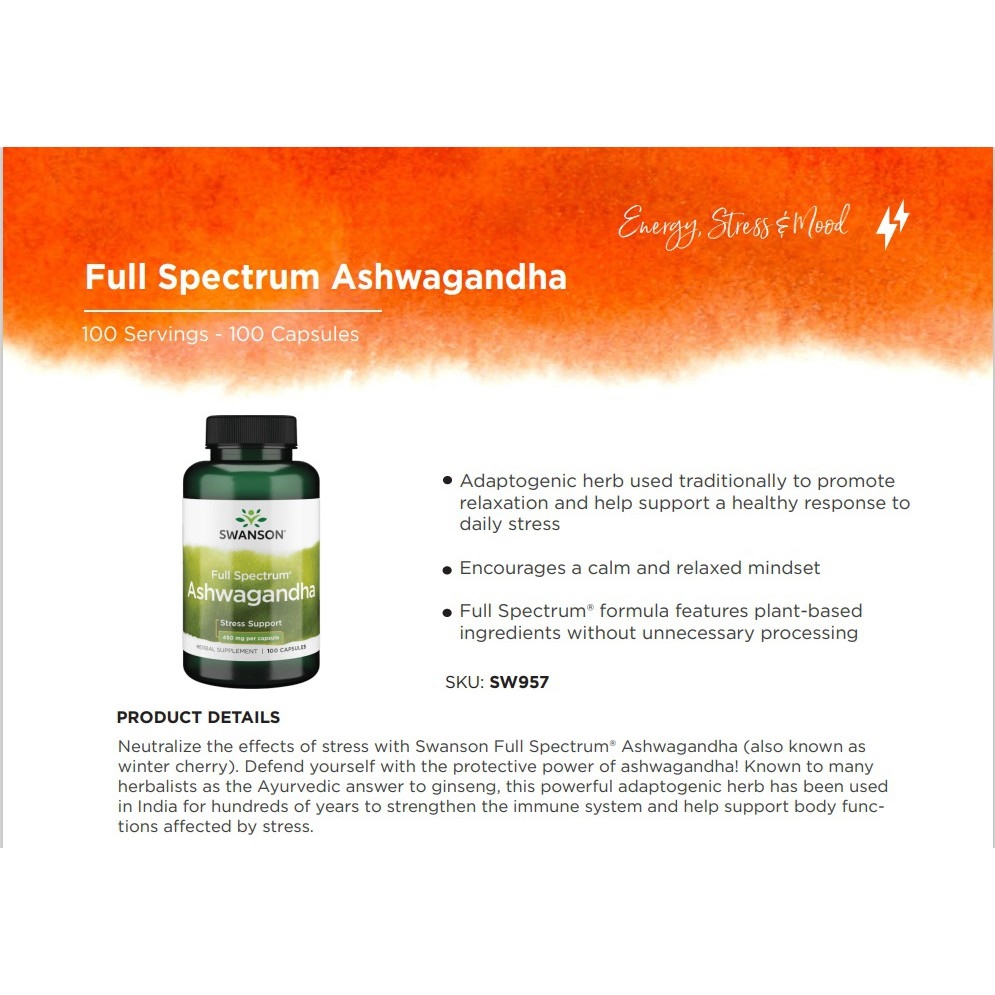 Swanson Full Spectrum Ashwagandha 450 MG 100 Caps Stress Support