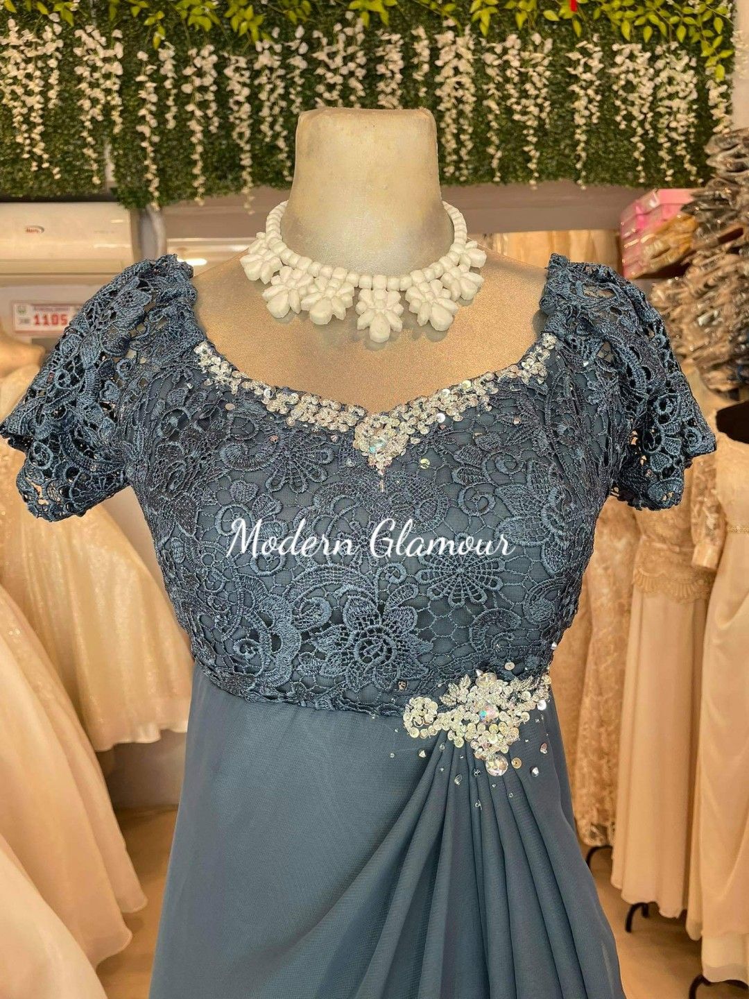 Dusty Blue Elegant Side Swag Brooch Design Formal Gown For Weddings