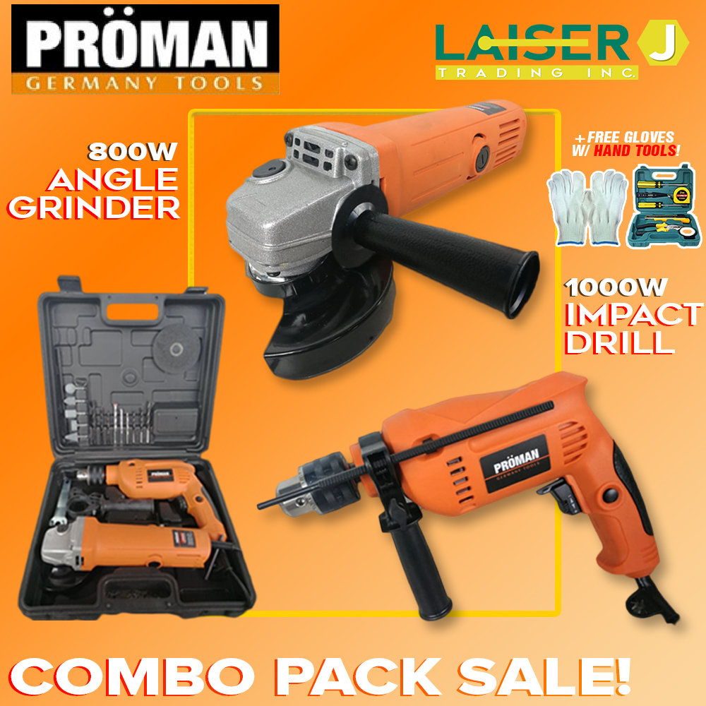 Proman Germany Angle Grinder And Impact Drill Combo Pack Free Gloves W