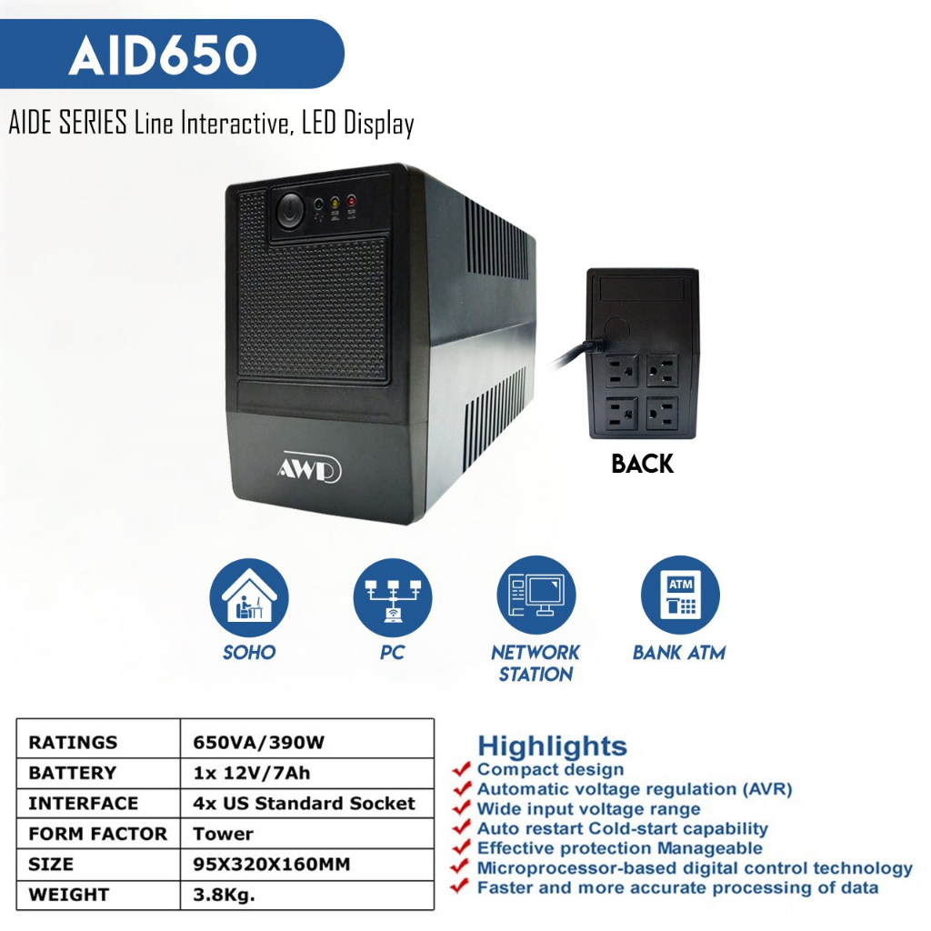 AWP AID650 Aide 390W 650VA UPS With AVR Uninterruptible Power Supply 4