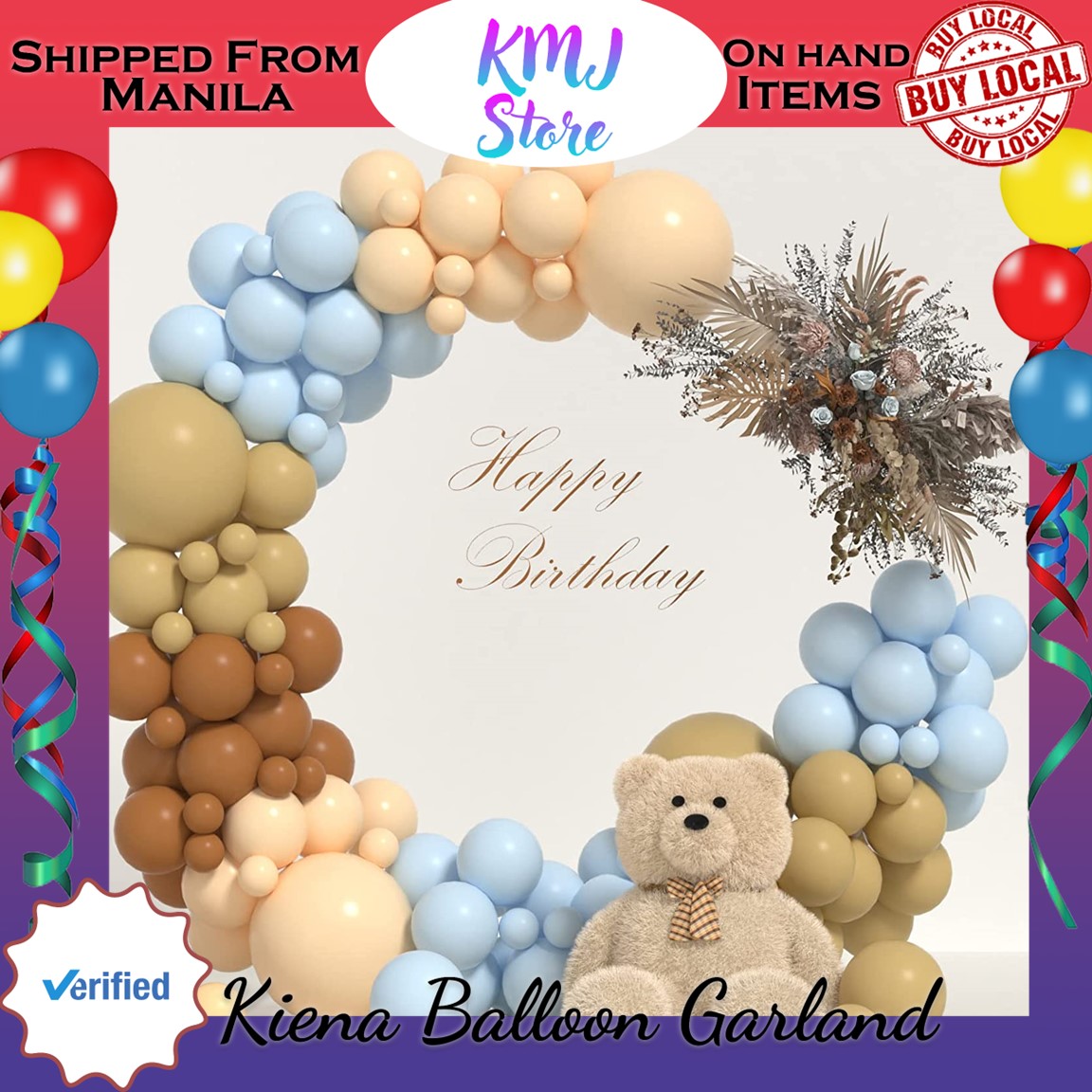 Kiena Balloon Blue Tan Brown Nude Balloons Garland Kit Teddy Bear Baby