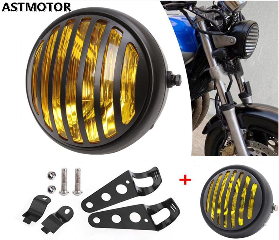 ASTMOTOR Universal 35W Retro Motorcycle Grill Headlight W Bracket