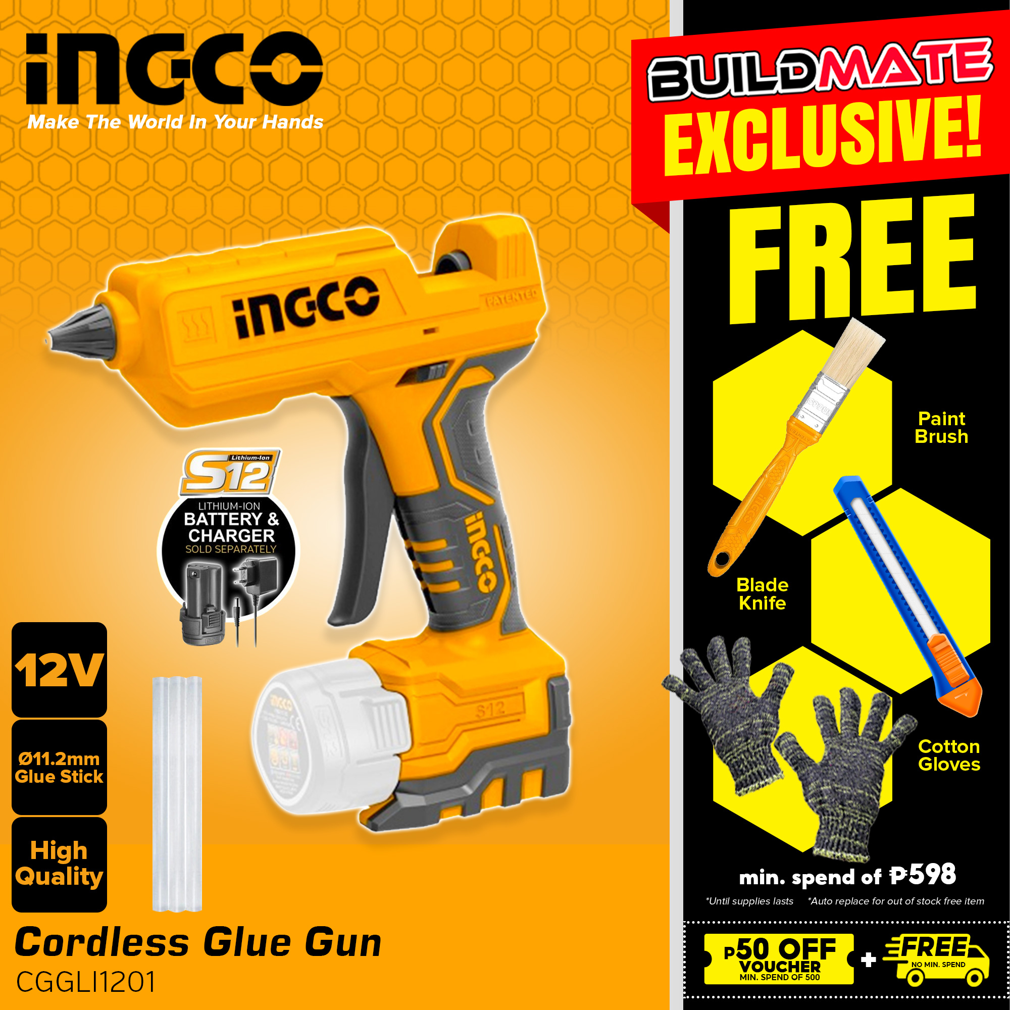 INGCO Cordless Glue Gun 12V S12 Series CGGLI1201 BARE TOOL UNIT ONLY