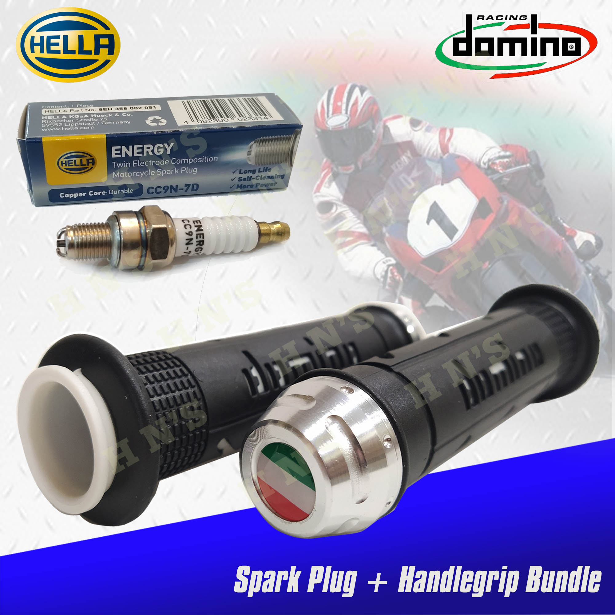 Hella Twin Electrode Spark Plug CC9N 7D With Domino Handle Grip Bundle