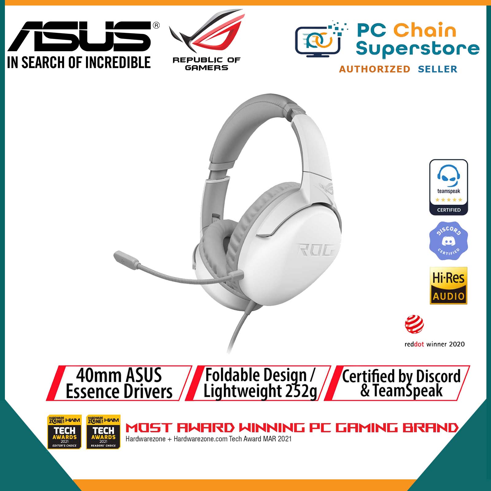 ASUS ROG Strix Go Core Moonlight White Gaming Headset Hi Res Audio 3