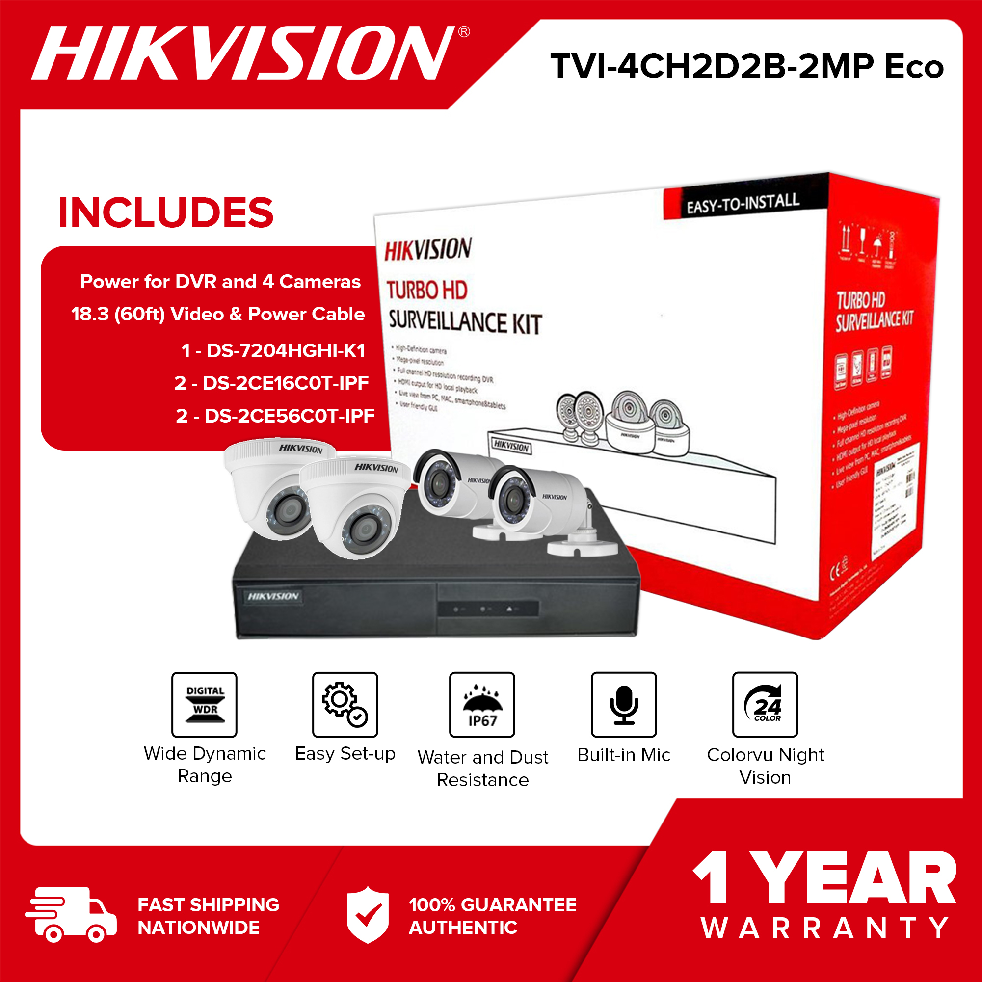 Hikvision TVI 4CH2D2B 2MP Eco 2MP 4CH Digital Video Recorder Kit HDTVI