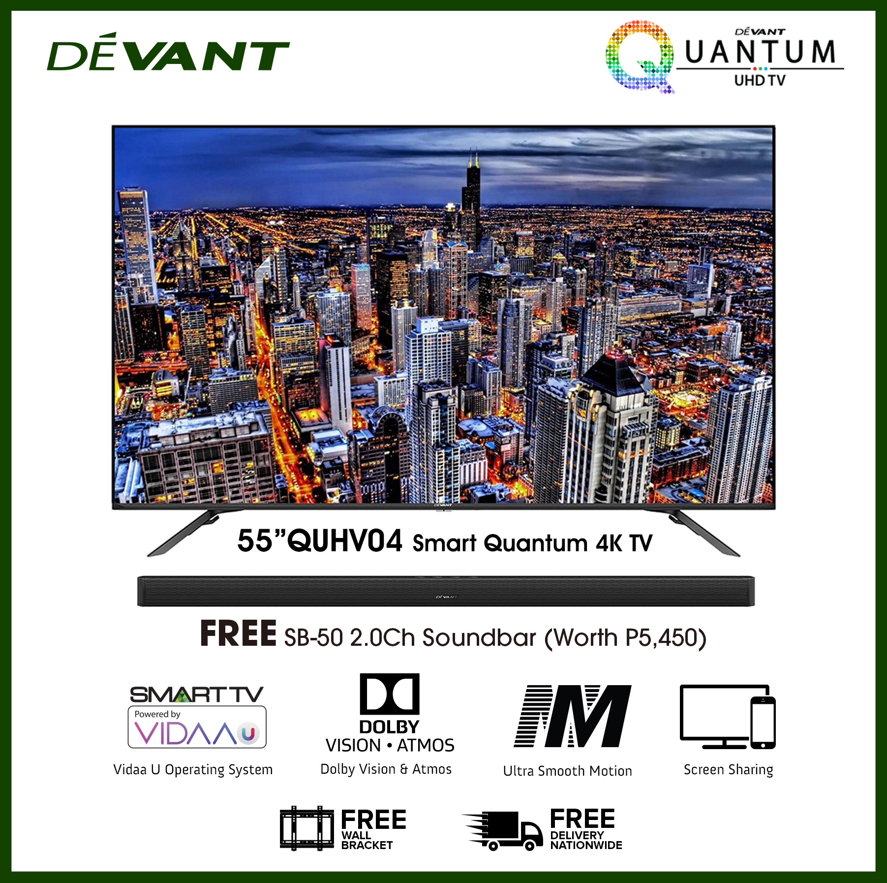 DEVANT 55QUHV04 55 Inch Ultra HD UHD 4K Quantum Smart TV Netflix