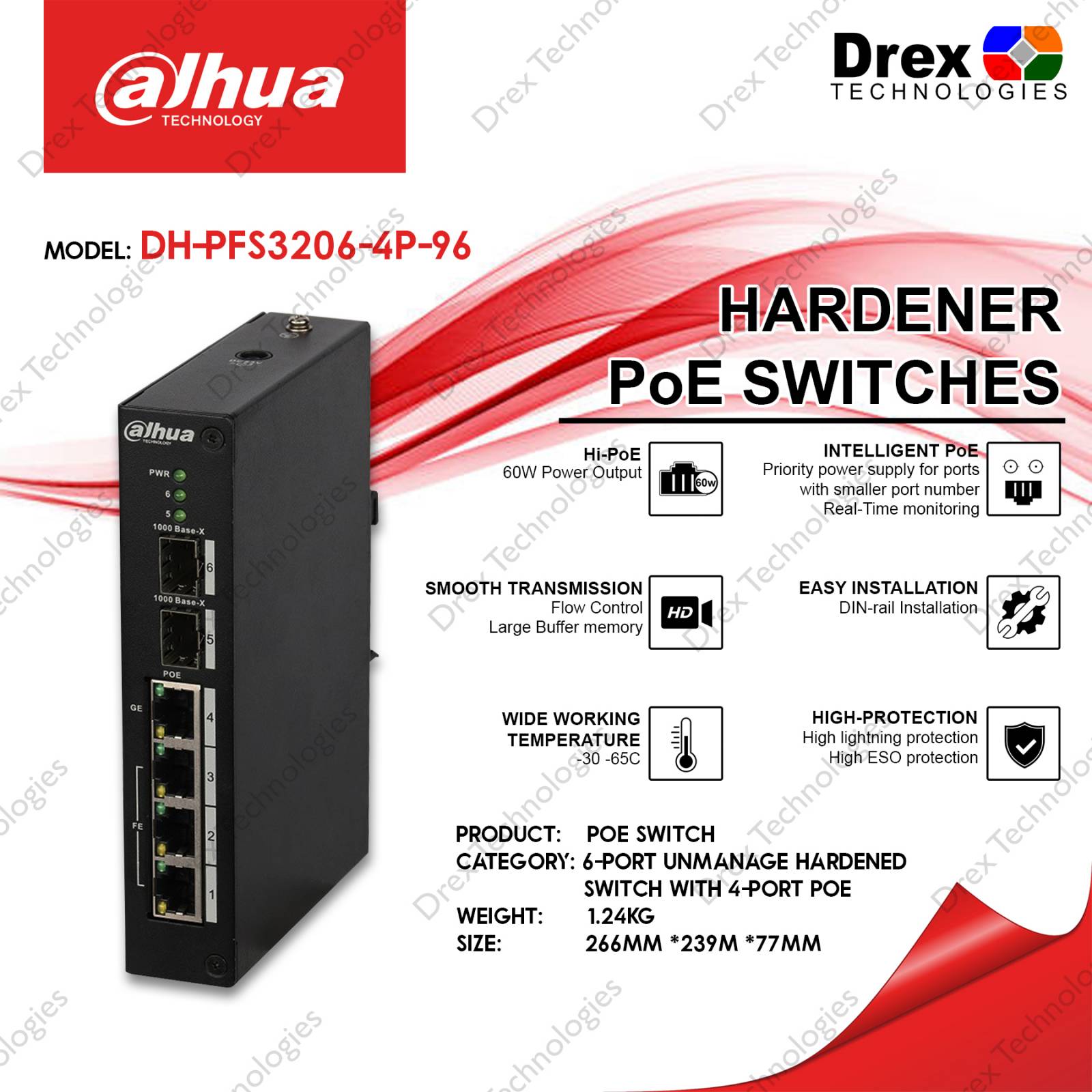 Dahua DH PFS3206 4P 96 6 Port Unmanaged Hardened Switch With 4 Port PoE