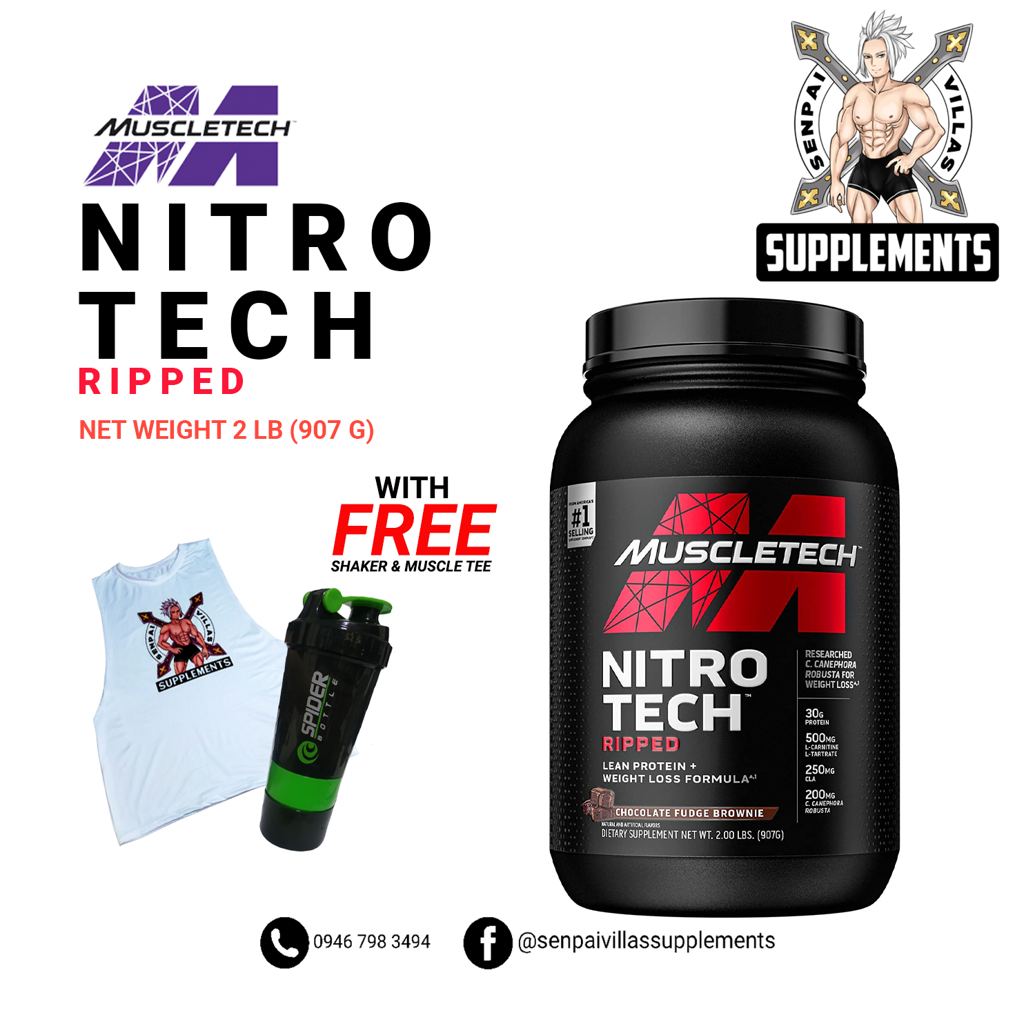 MUSCLETECH NITROTECH RIPPED 2LBS WITH FREE SPIDER SHAKER AND MUSCLE TEE