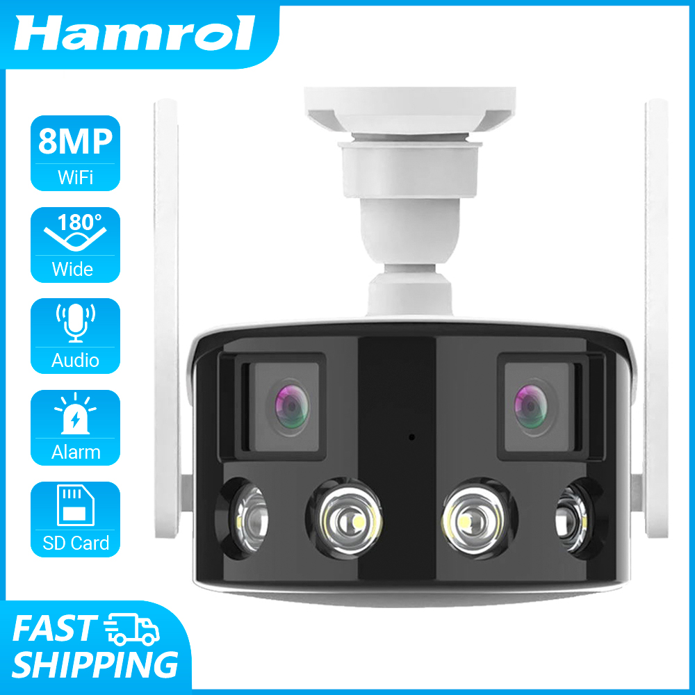 Hamrol 8MP 4K Dual Lens Ultra Wide Angle 180 Wifi IP Camera Outdoor