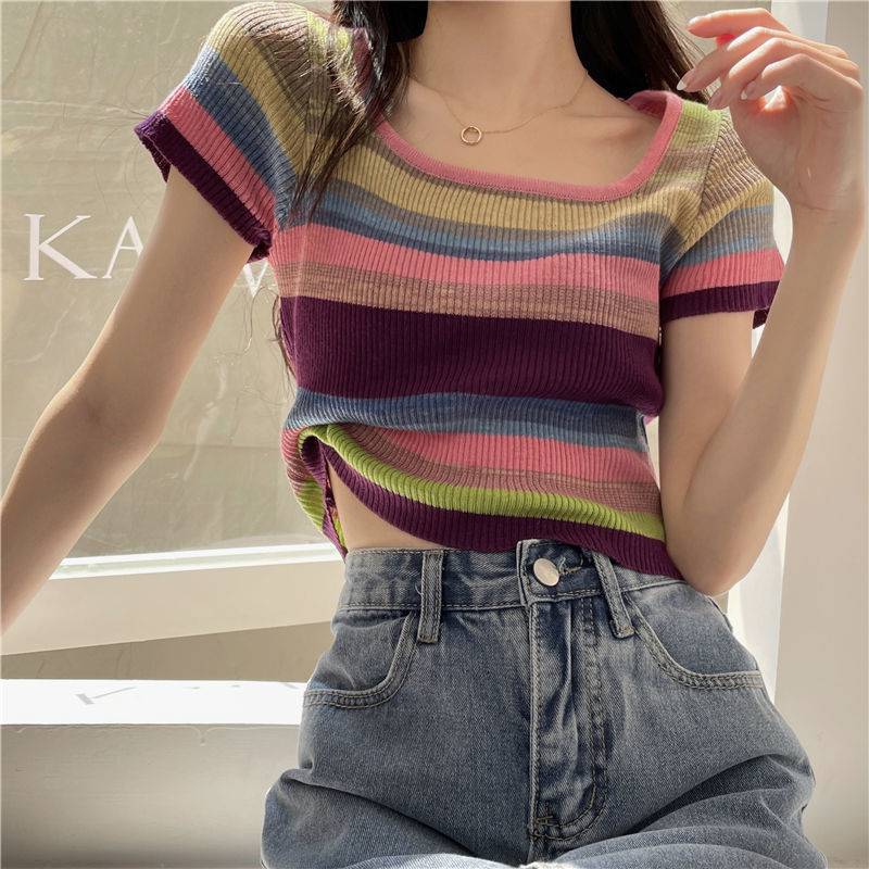 Women Knitted Croptop Blouse Square Neck Stripe Tops Korean