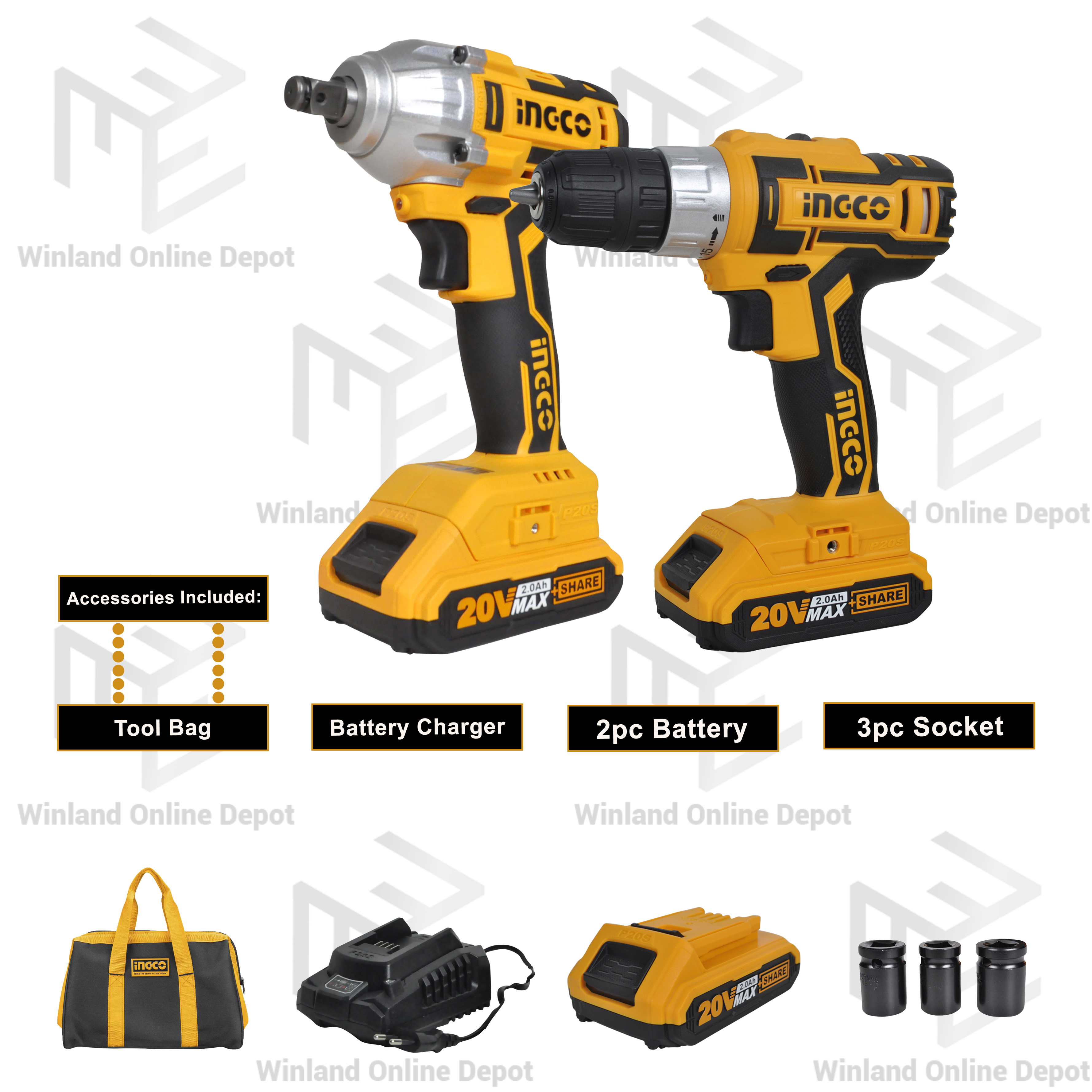 INGCO by Winland P20S LithiumIon Cordless Combo Kit Cordless Drill & Impact Wrench 20V w/ Free
