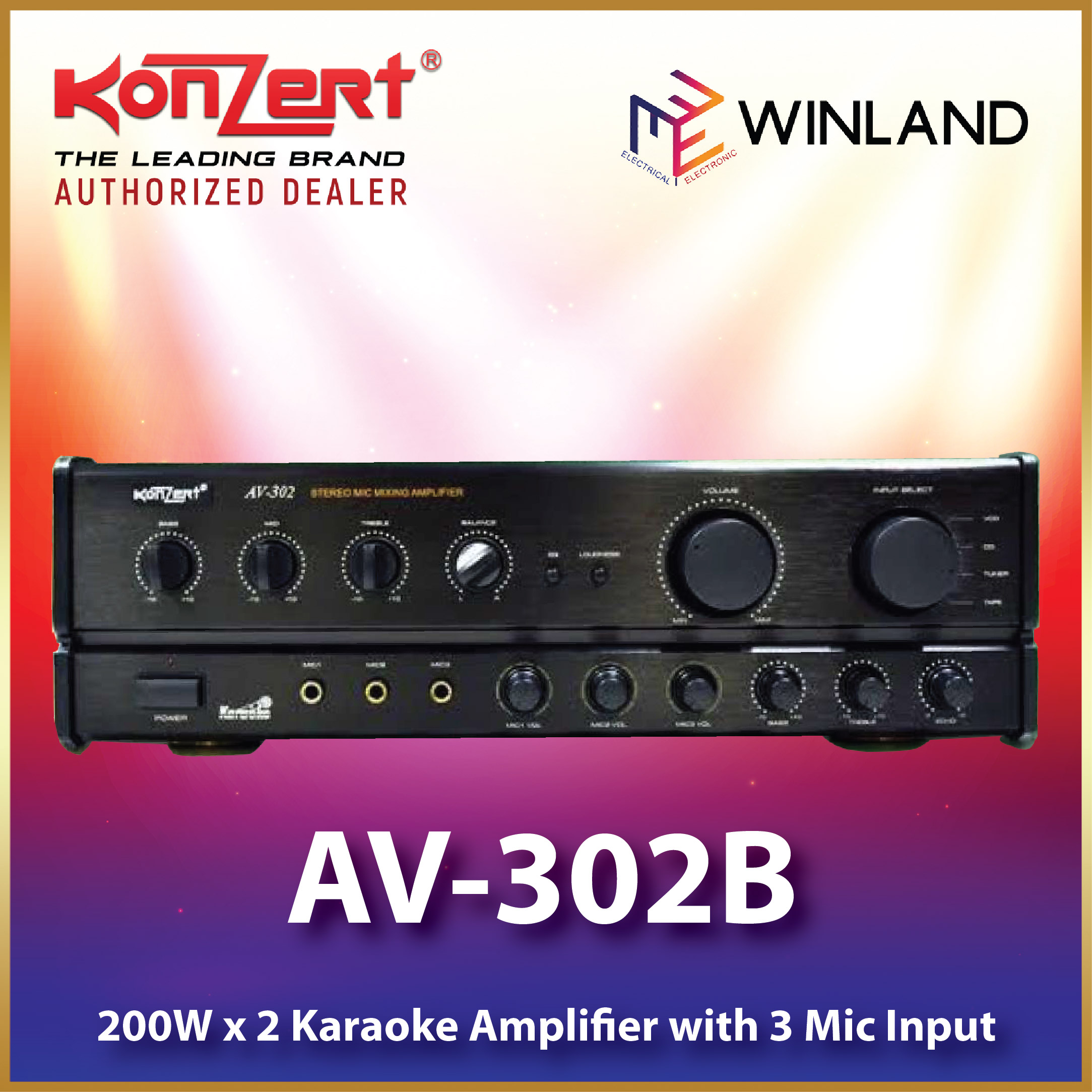 KONZERT by Winland Karaoke Stereo Mic Mixing Amplifier with 3 Mic Input 200W x 2 AV302B (1