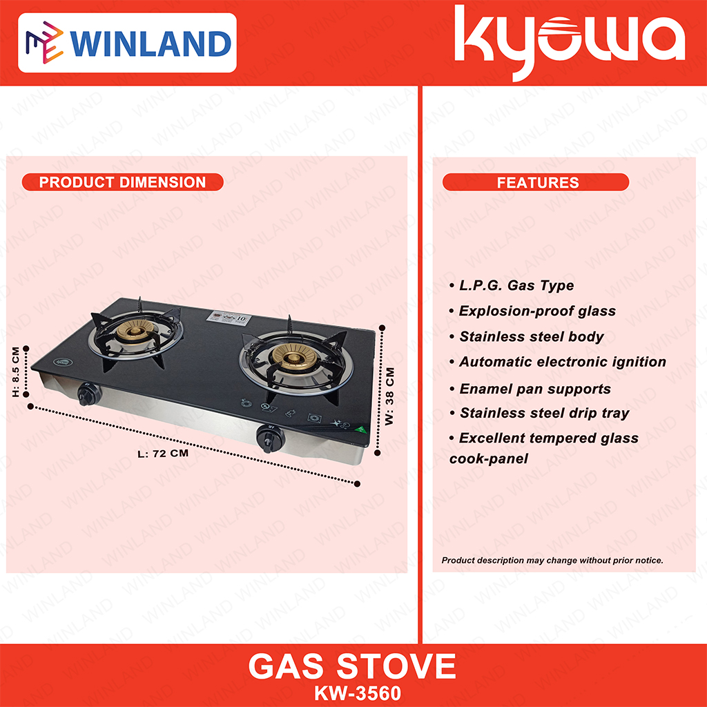 Kyowa by Winland KW3560 Glass Top Double Burner Gas Stove (Black