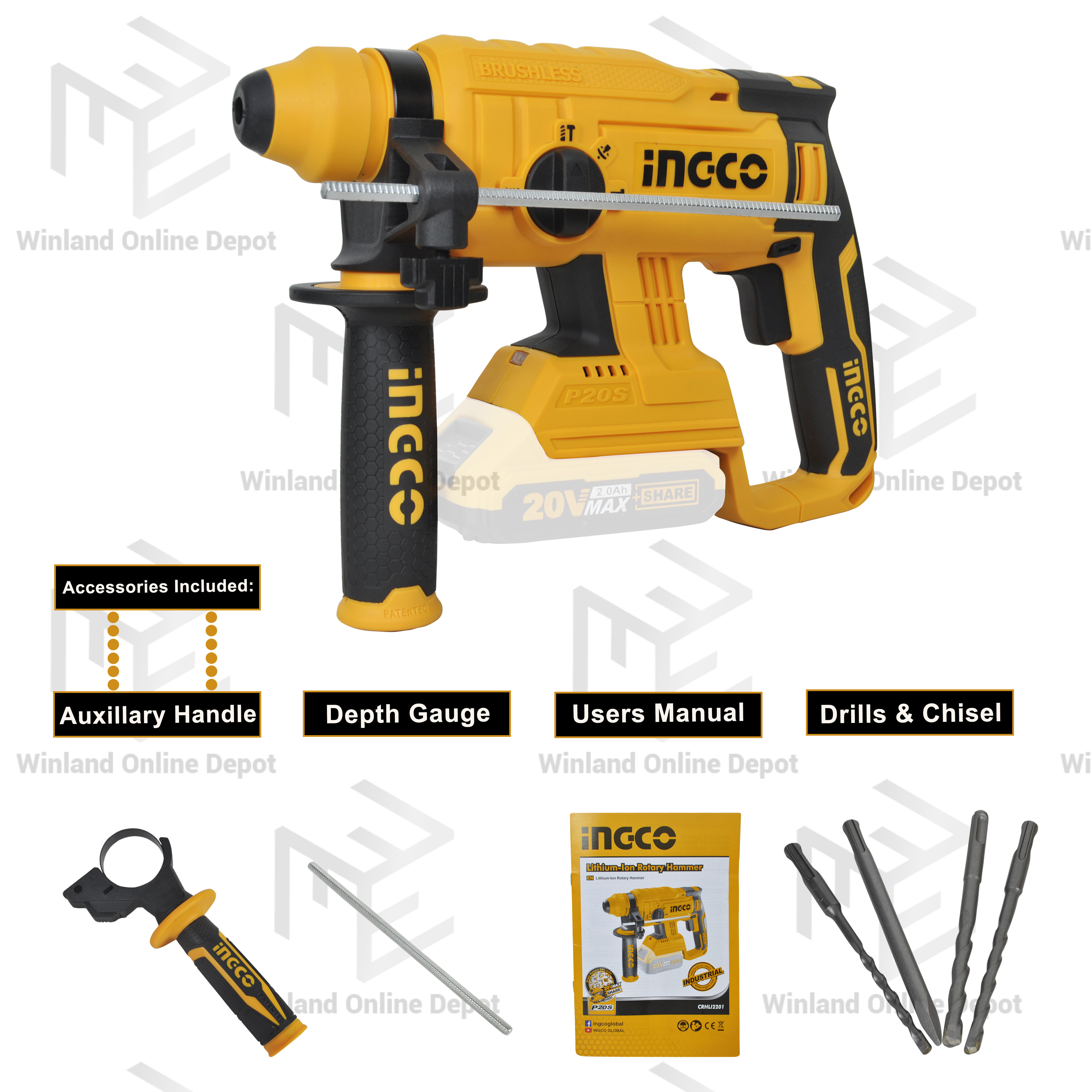 Ingco By Winland Cordless Brushless Rotary Hammer Industrial Type