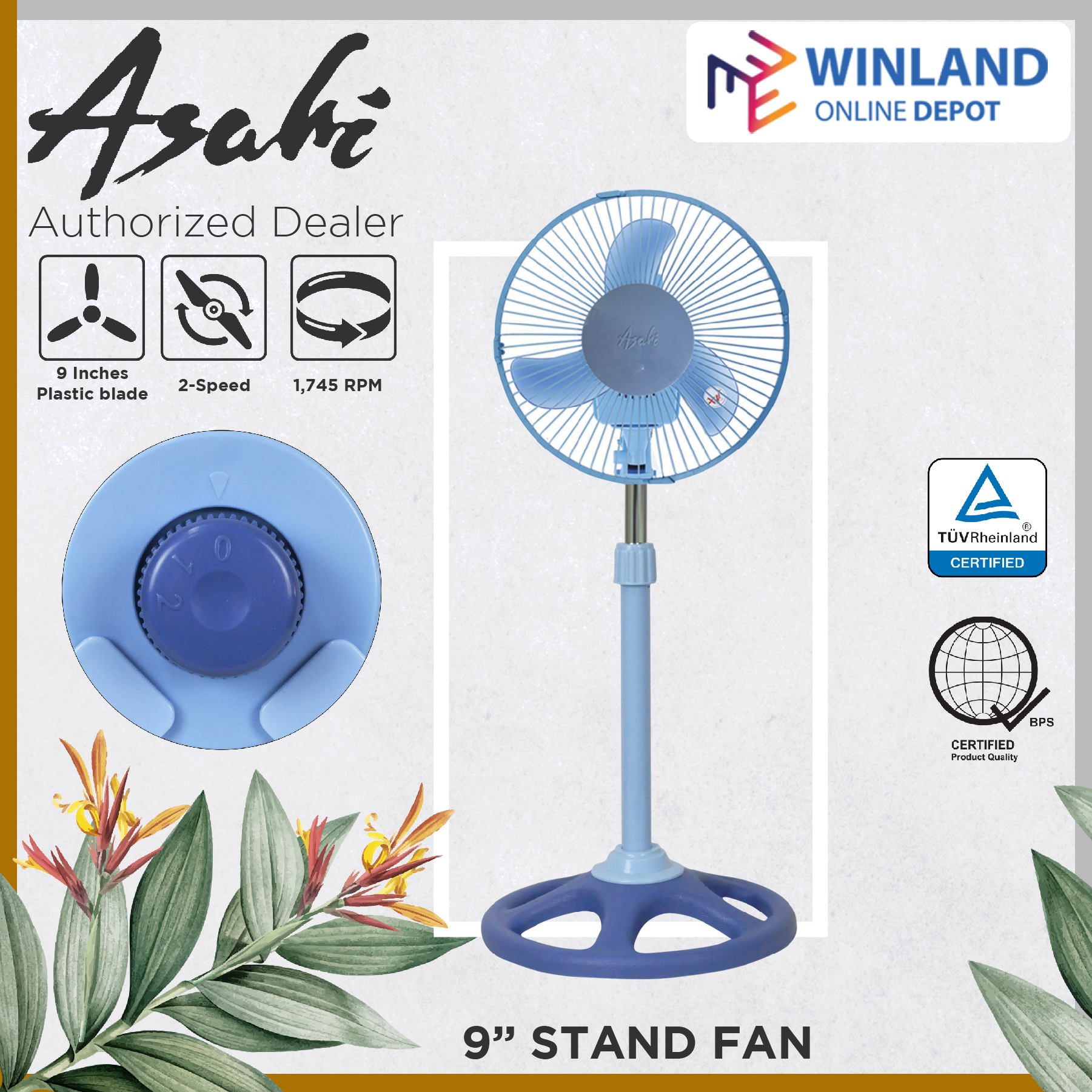 Asahi by Winland Electric Fan 9inches(230 mm) Stand Fan Banana Type