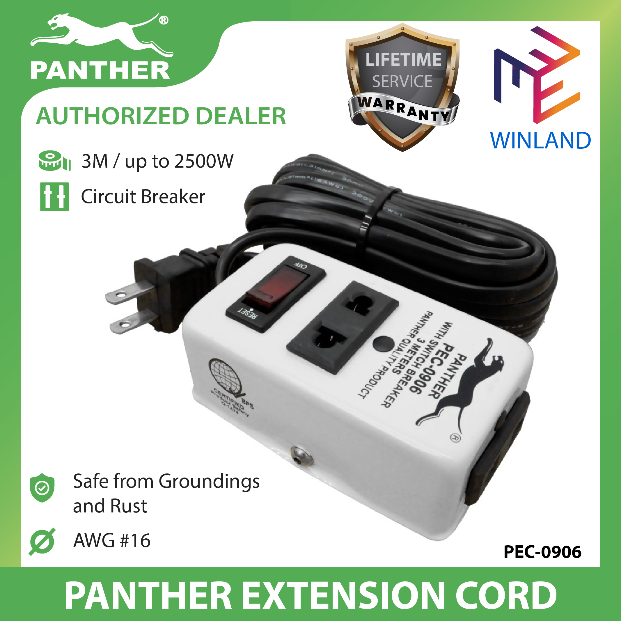PANTHER by Winland Power Extension Cord Cable Wire with Outlet Max 2500W 3 Meter PEC 0906