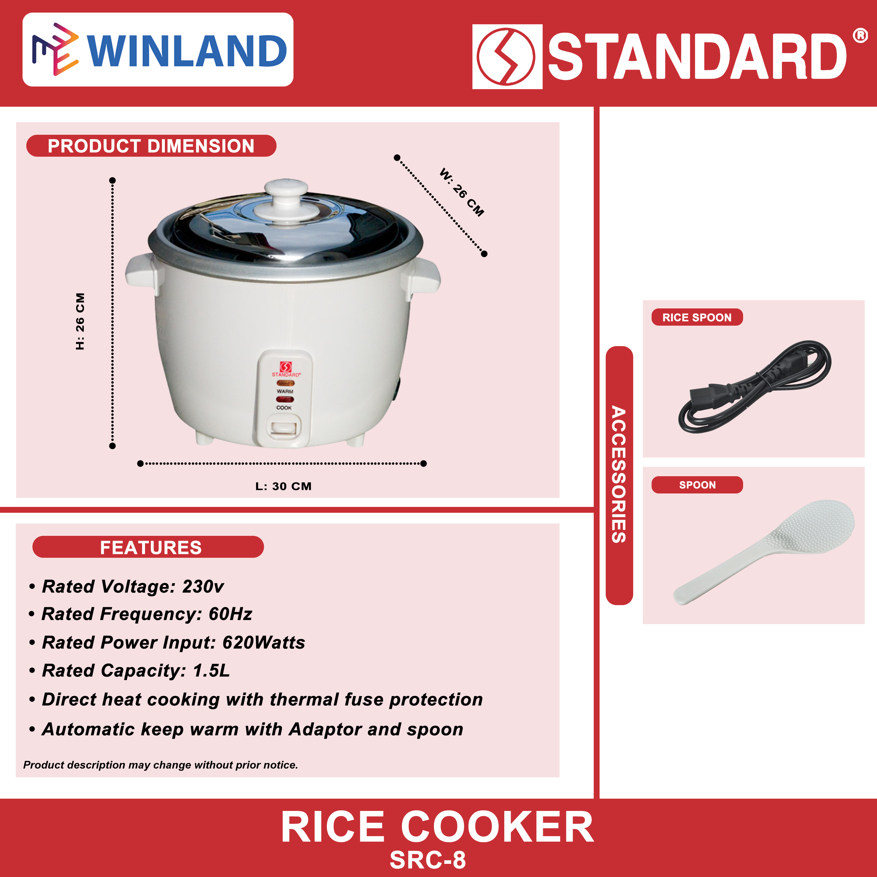 Standard Appliances by Winland Fast Cooking Rice Cooker 1.5 Liter with ...