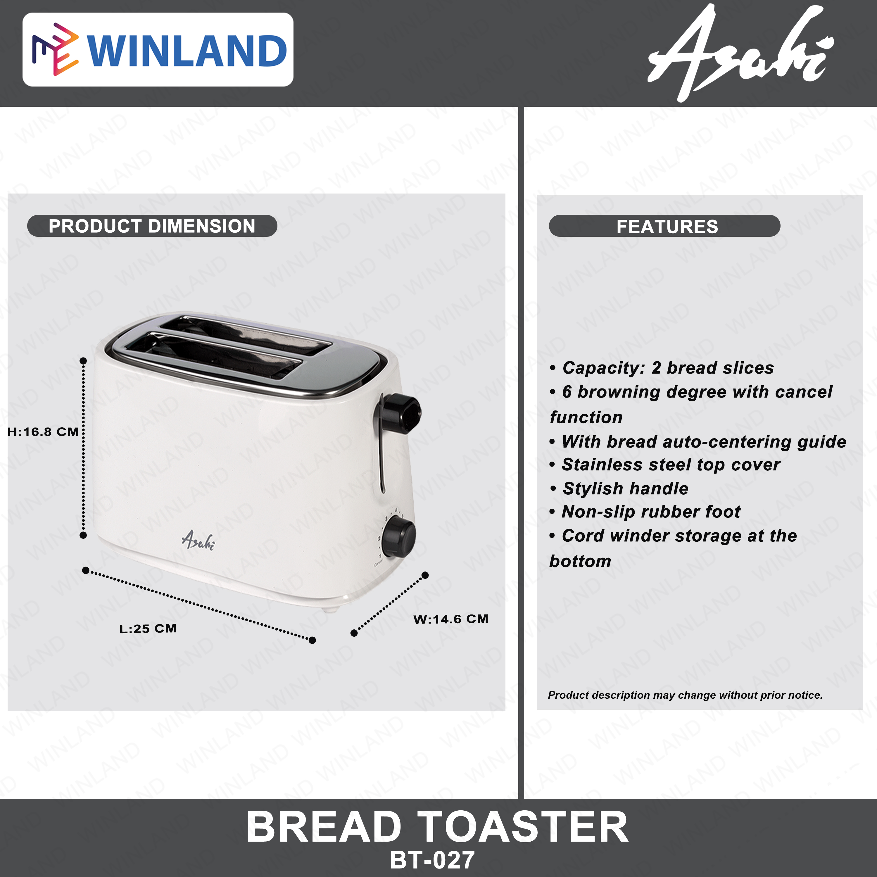 Asahi by Winland Pop Up Bread Toaster | Toaster Maker with Cover BT 027 ...