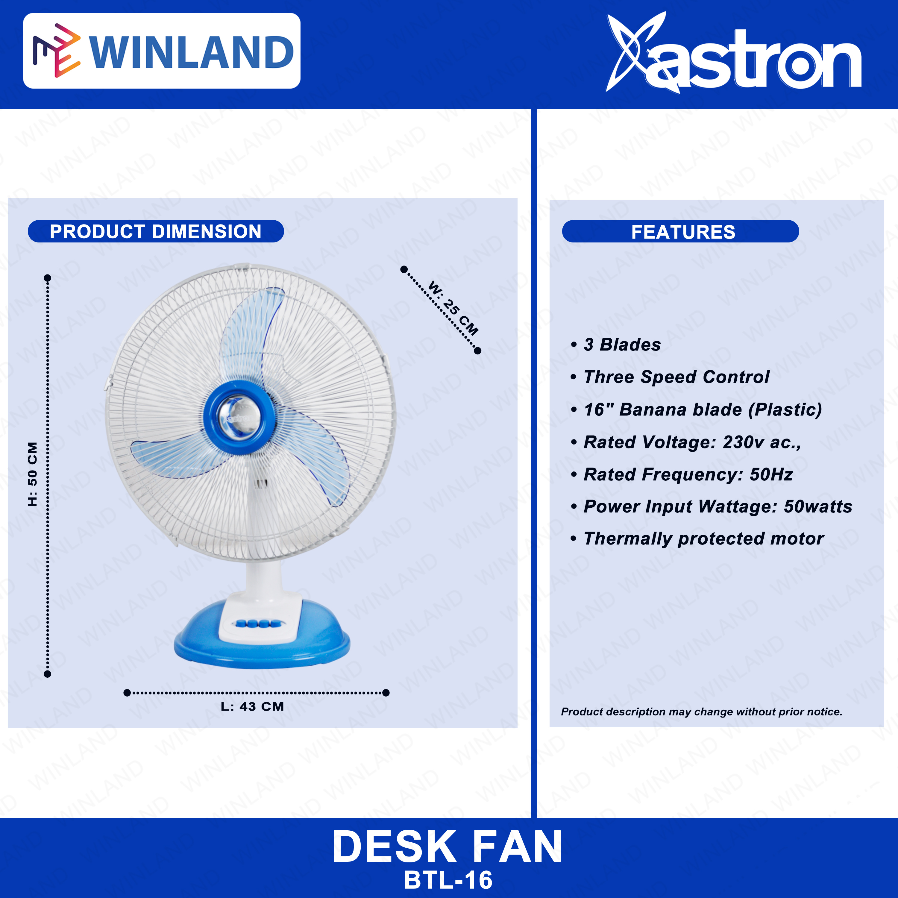 Astron by Winland Beetle 16" Desk Fan | Electric Fan 50watts (Blue) BTL-16. 