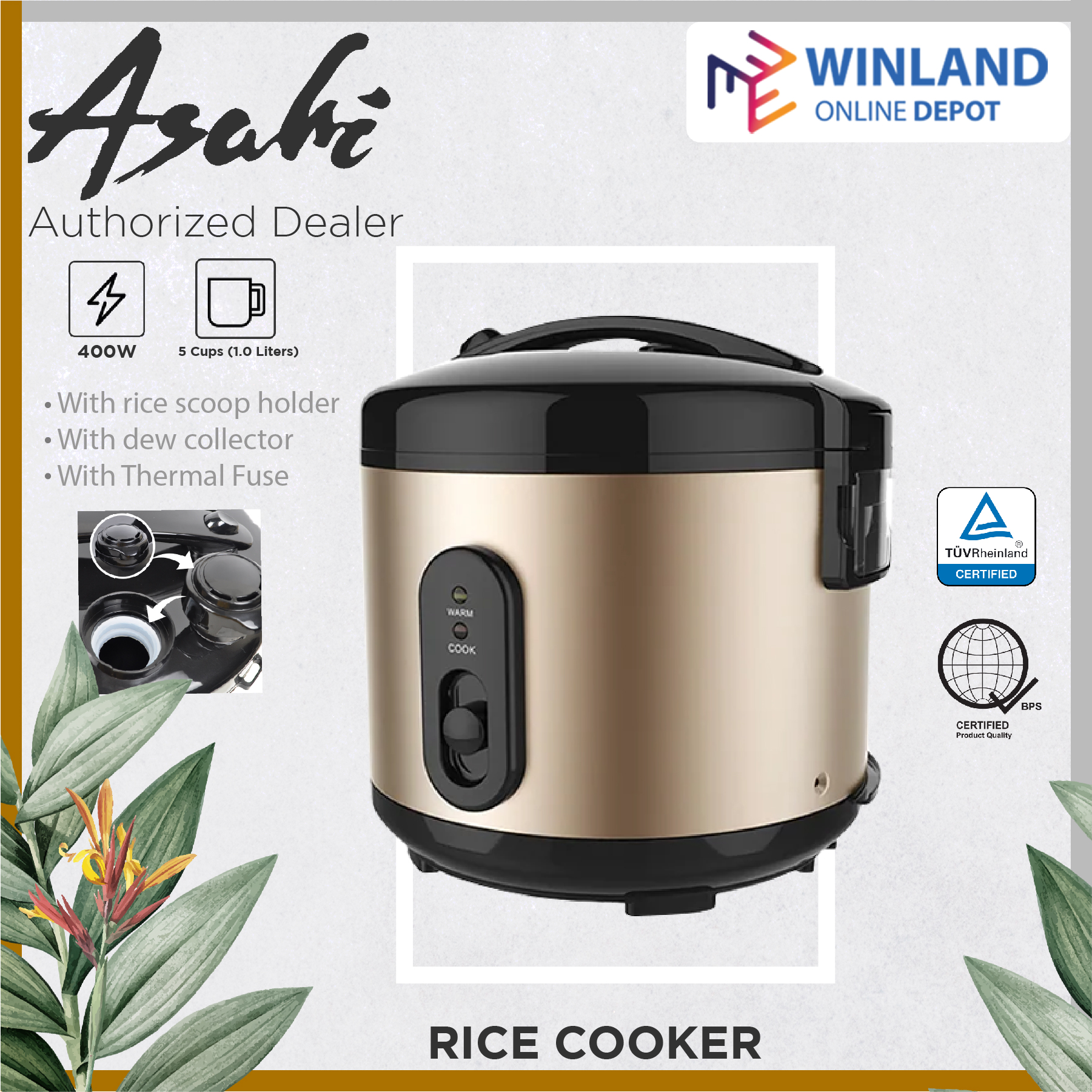 Asahi by Winland 5 Cups Rice Cooker with Aluminum Nonstick Inner Pot