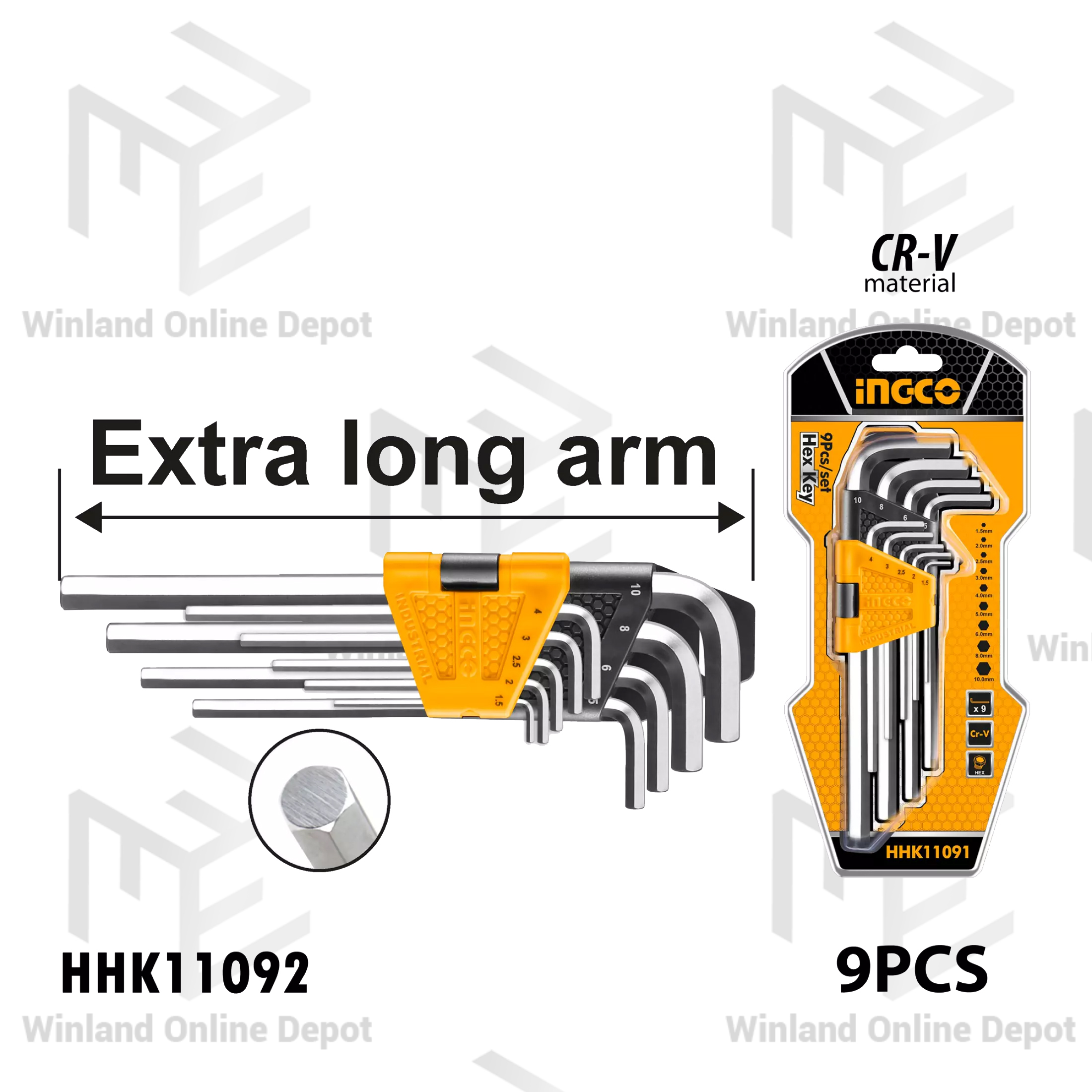 INGCO by Winland 9pcs Hex Key Set Extra-Long Arm with CR-V Material ...