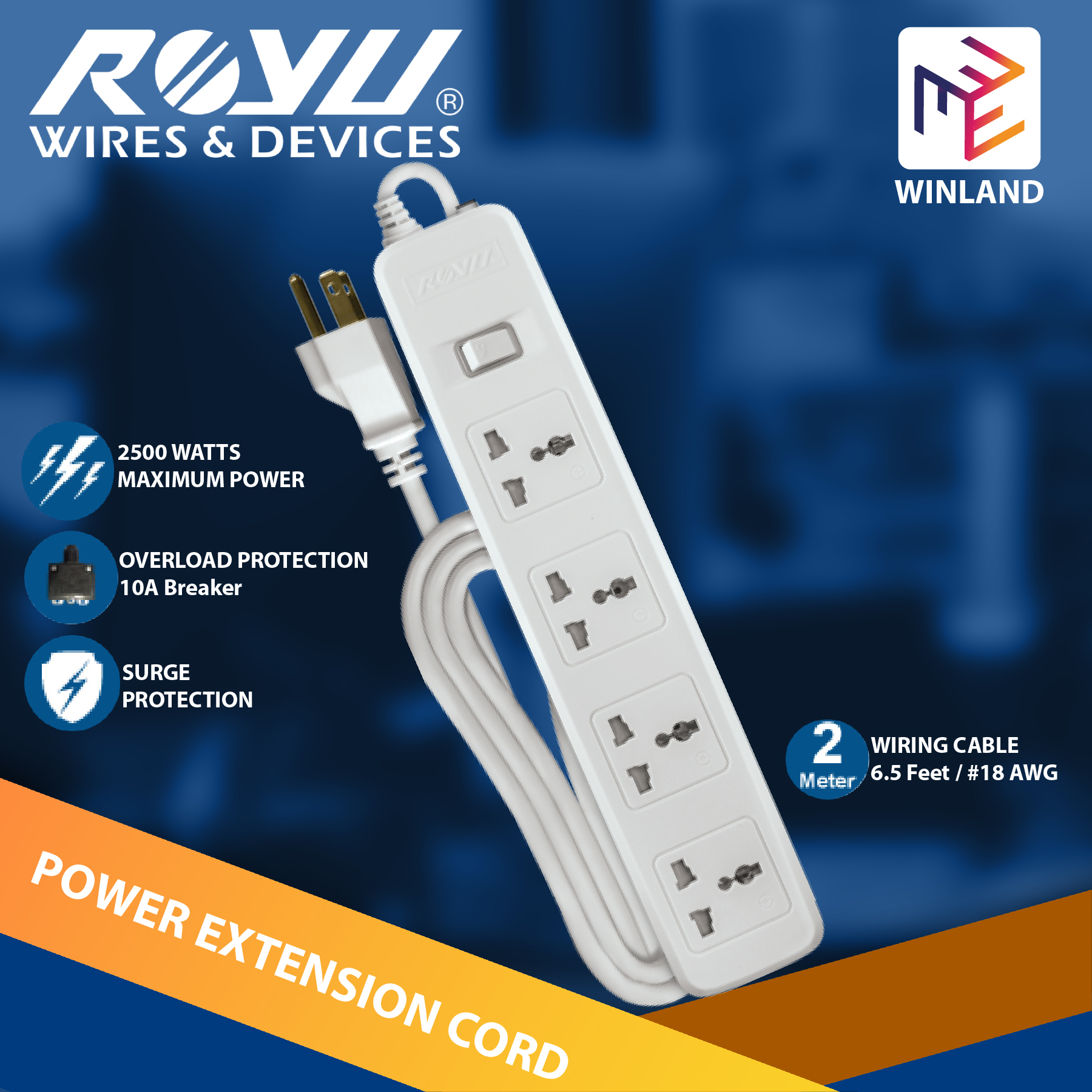 Royu by Winland Power Extension Cord Overload and Surge Protected 4