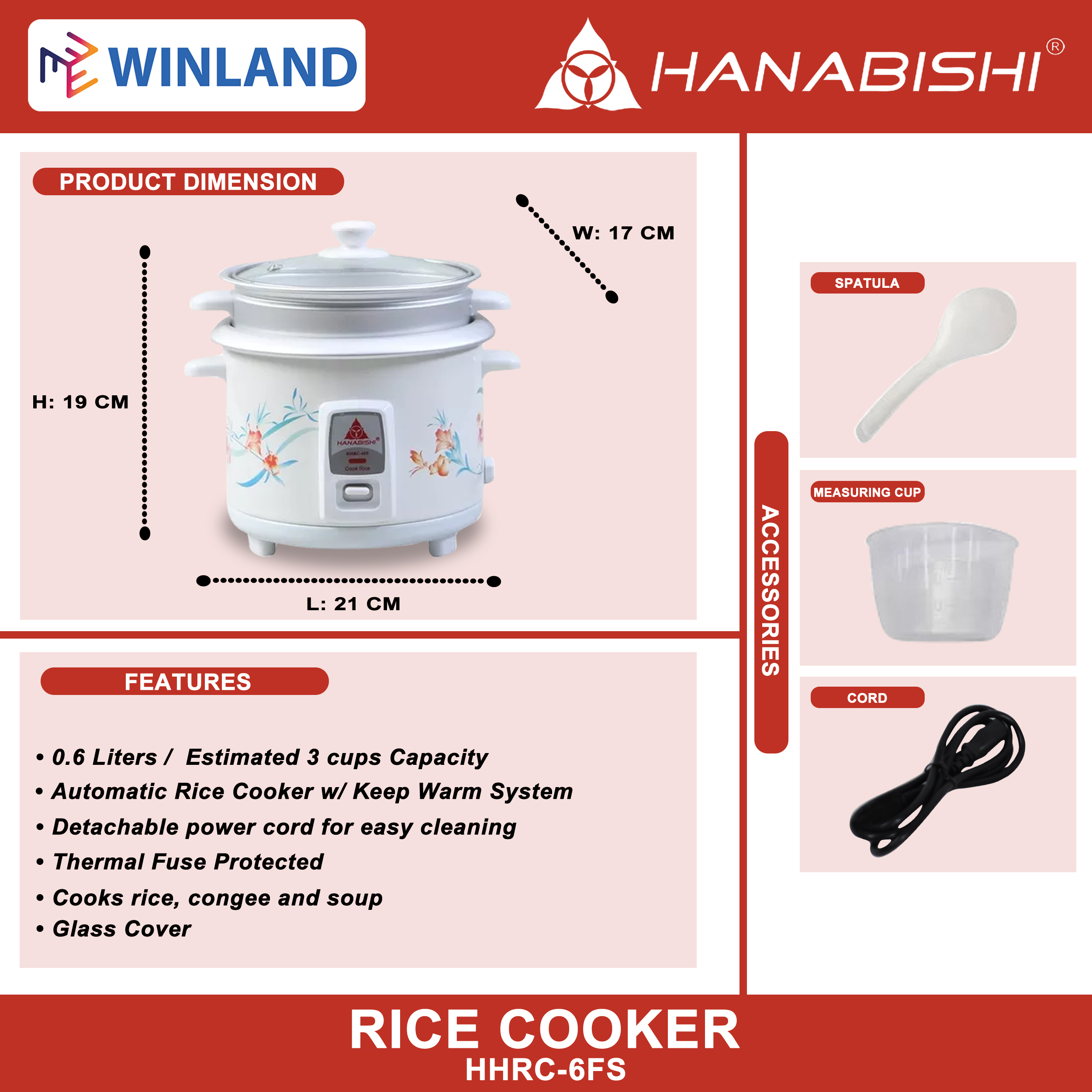 Hannex Rice Cooker Hanabishi by Winland Rice Cooker 0.6L serves 3 cups Glass Cover Non ...