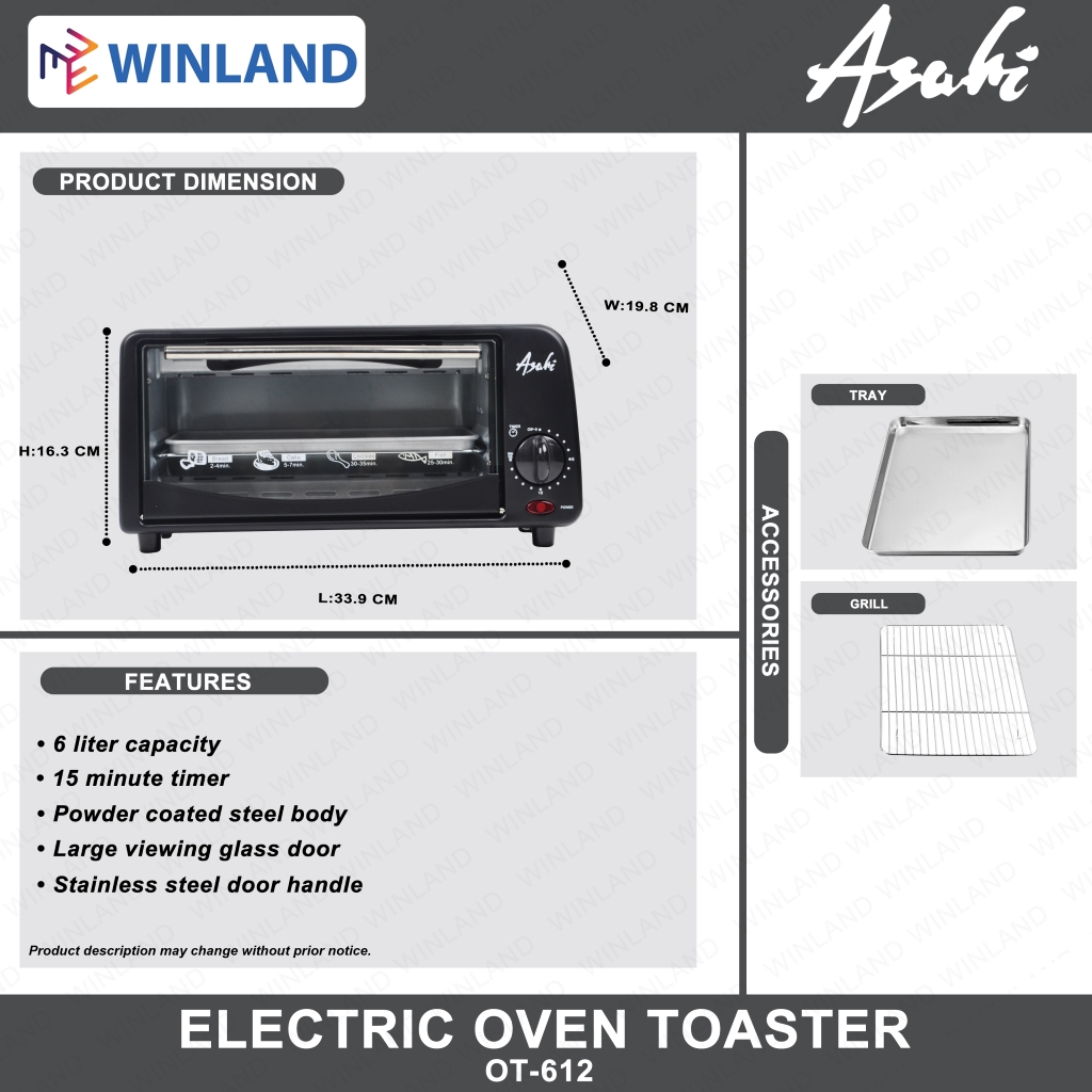 Asahi by Winland OT612 Electric Oven Toaster 6 Liter Lazada PH