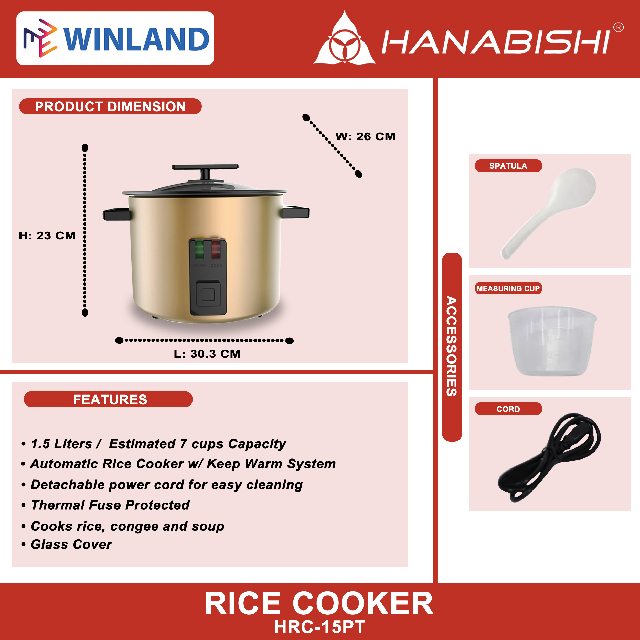 Hanabishi by Winland Automatic Rice Cooker 1.5L serves 7 cups Metallic