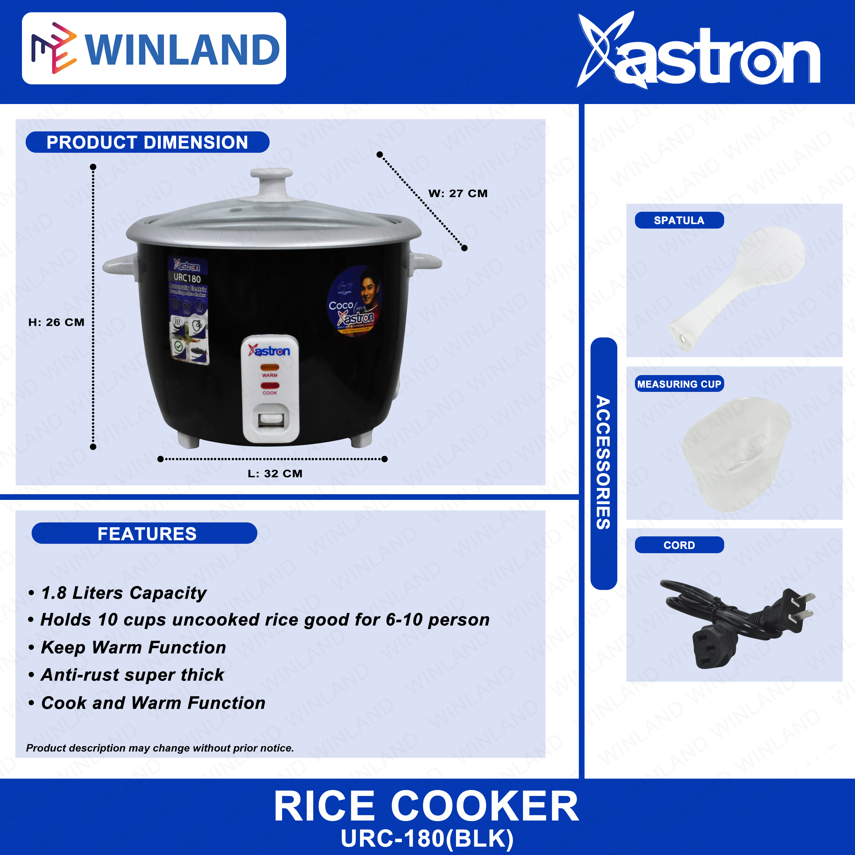 Astron by Winland Automatic Electric Drum Shape Rice Cooker 1.8L | 10 ...