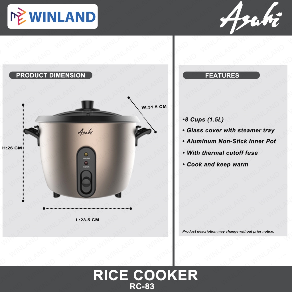 Asahi by Winland 8 Cups Rice Cooker NonStick Rice Cooker Teflon Cooker