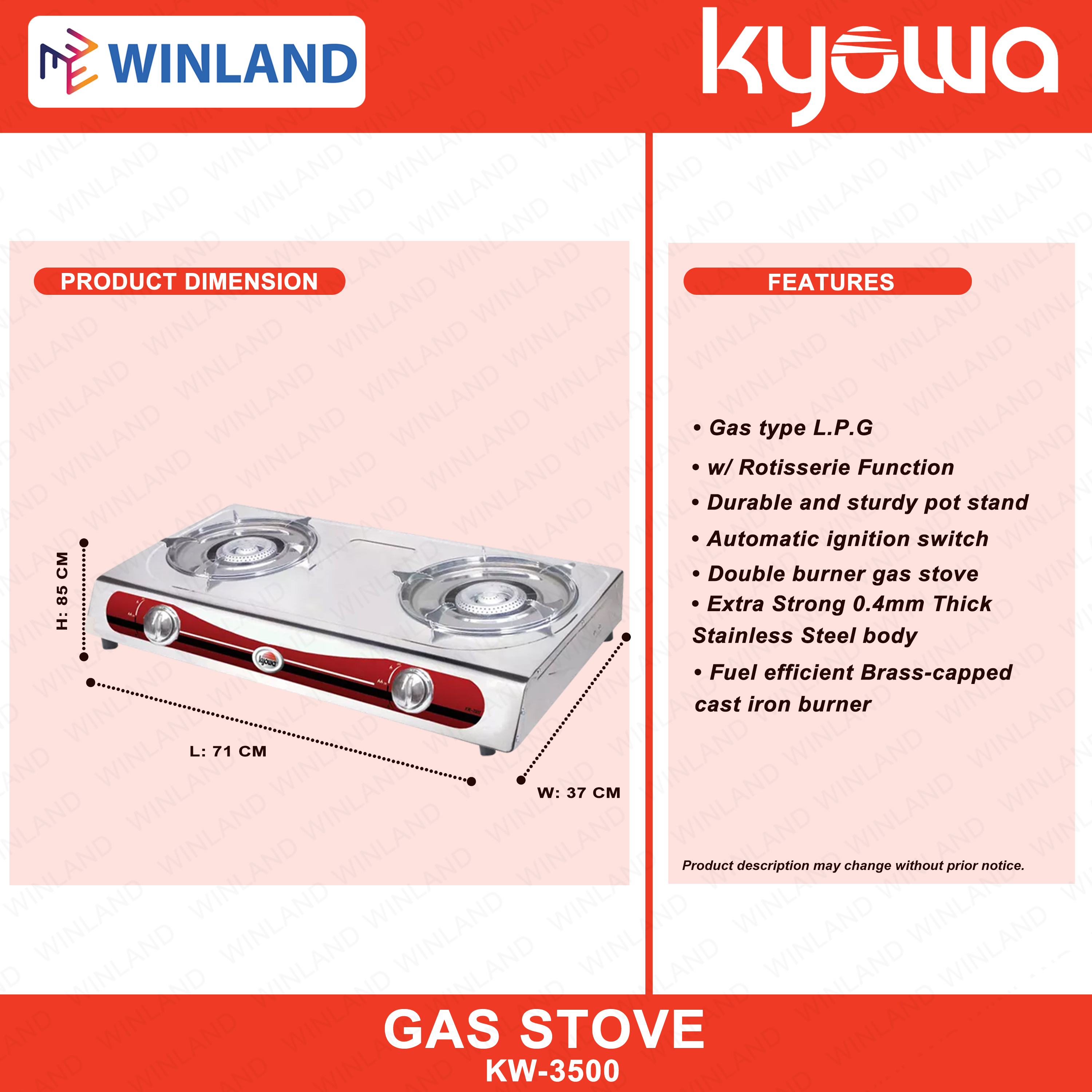 Kyowa by Winland Stainless Steel Double Burner Gas Stove with Cast Iron
