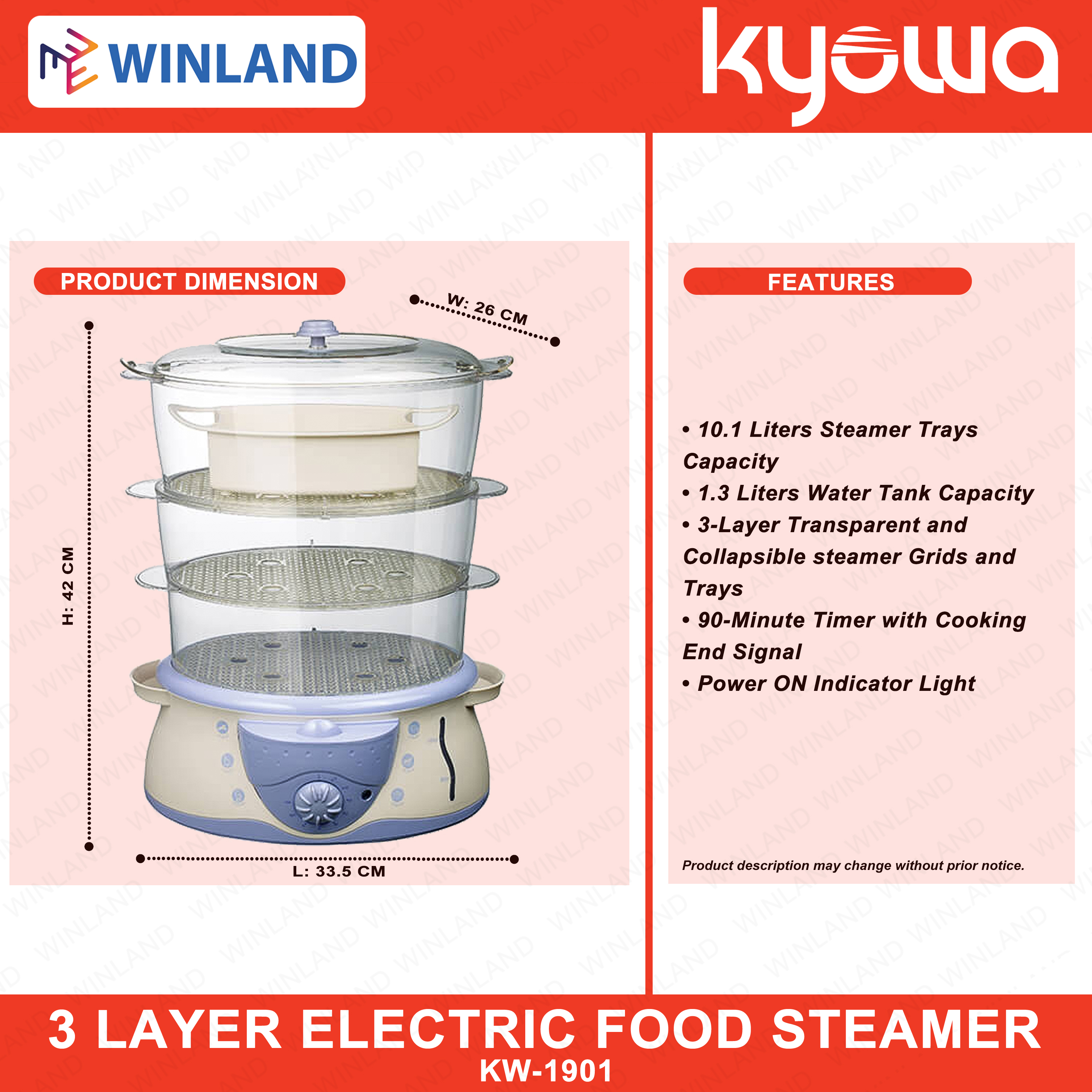 Kyowa by Winland 3 Layer Electric Food Steamer with FREE Food Tray and