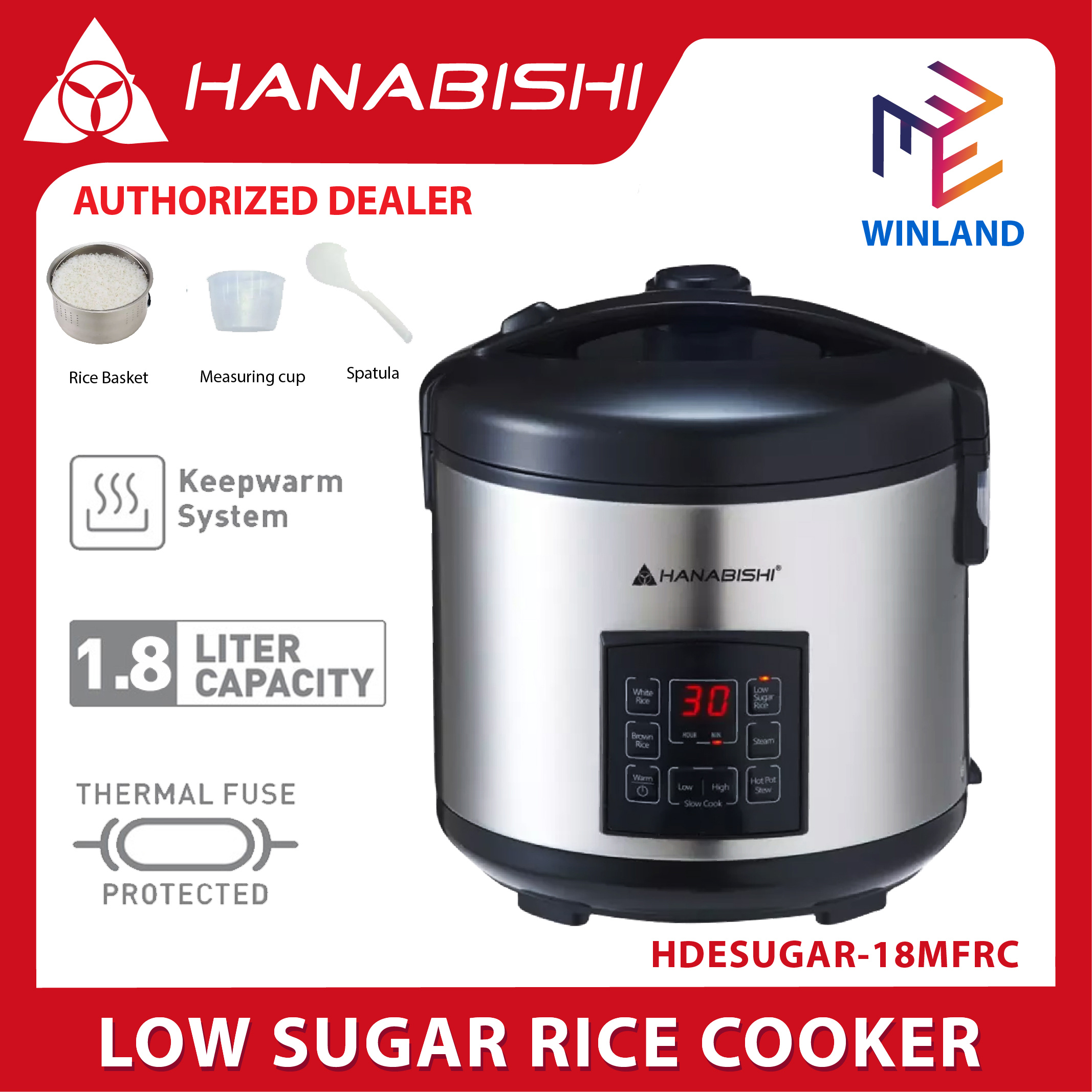 Hanabishi by Winland Low Carb/Sugar Rice Cooker 1.8L serves 10 cups with Low Sugar Rice Basket