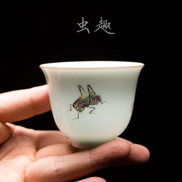 Dexinge Hand-Painted Pastel Insects Flora Cup Fine Brushwork Flowers And Birds Teacup Egg-Shell Cup Coloured Drawing Ceramic Tea Utensil