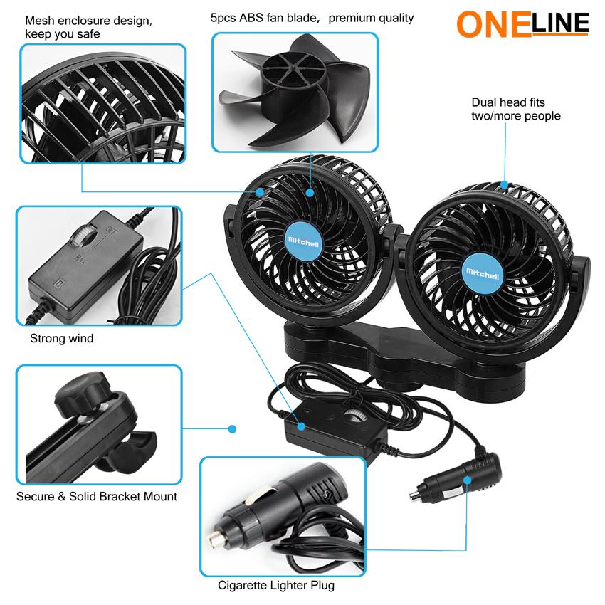 Oneline 12V Powerful Dual Head Low Noise Auto Cooling Fan Car Low Noise