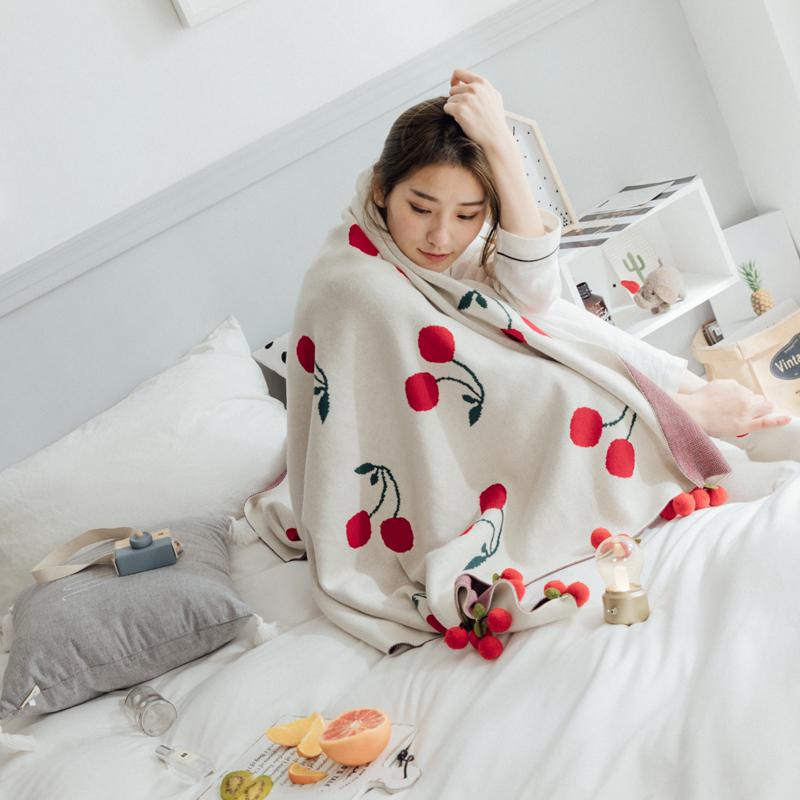 Ins Nổi Danh Trên Mạng Hình 100% Cotton Dâu Tây Cherry Họa Tiết 100% Cotton Chăn Lông Công Chúa Công Chúa Tấm Thảm Dệt Kim Chăn Chăn Điều Hòa